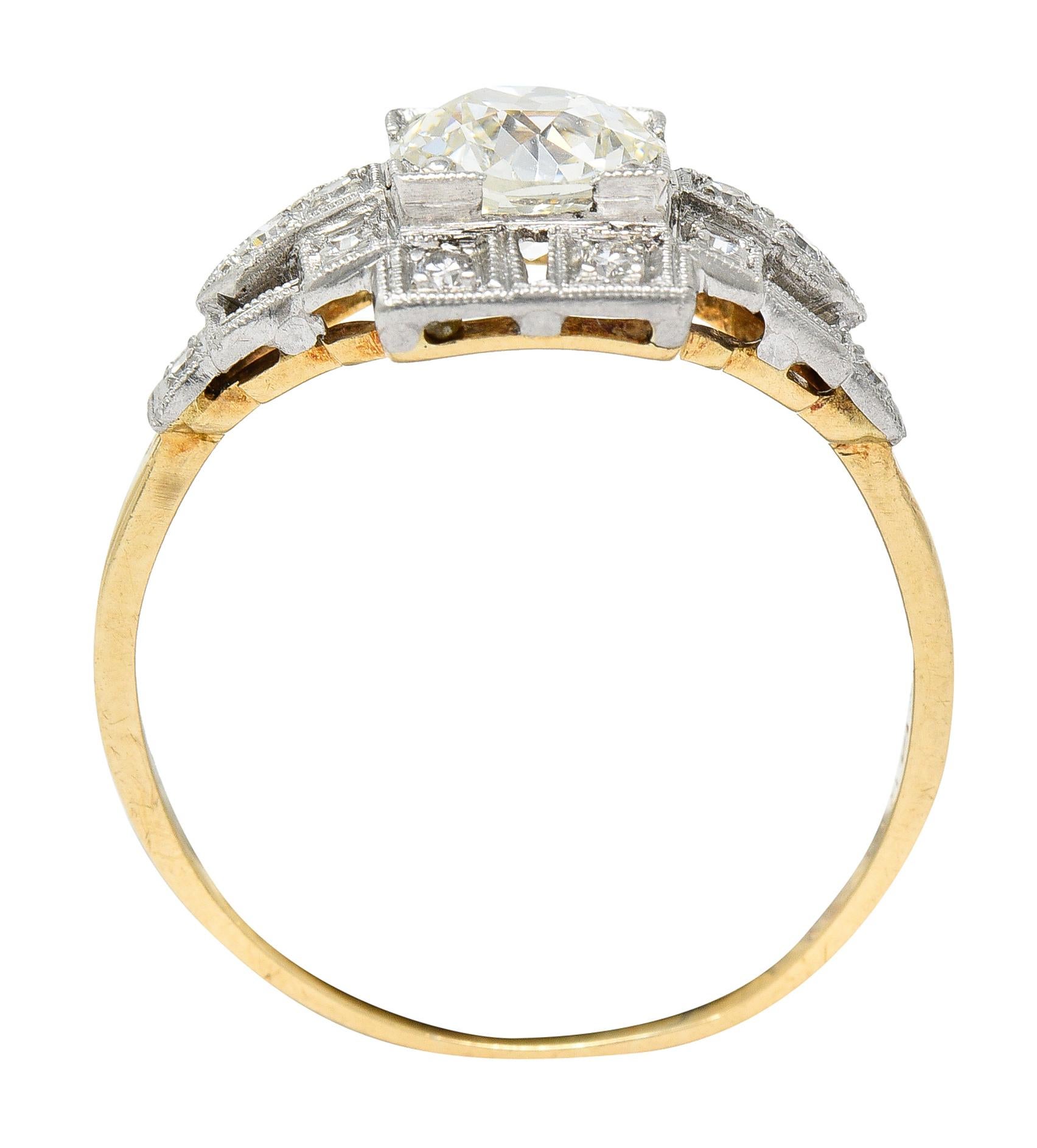 Art Deco 1.24 Carats Diamond Platinum 14 Karat Yellow Gold Engagement Ring 3