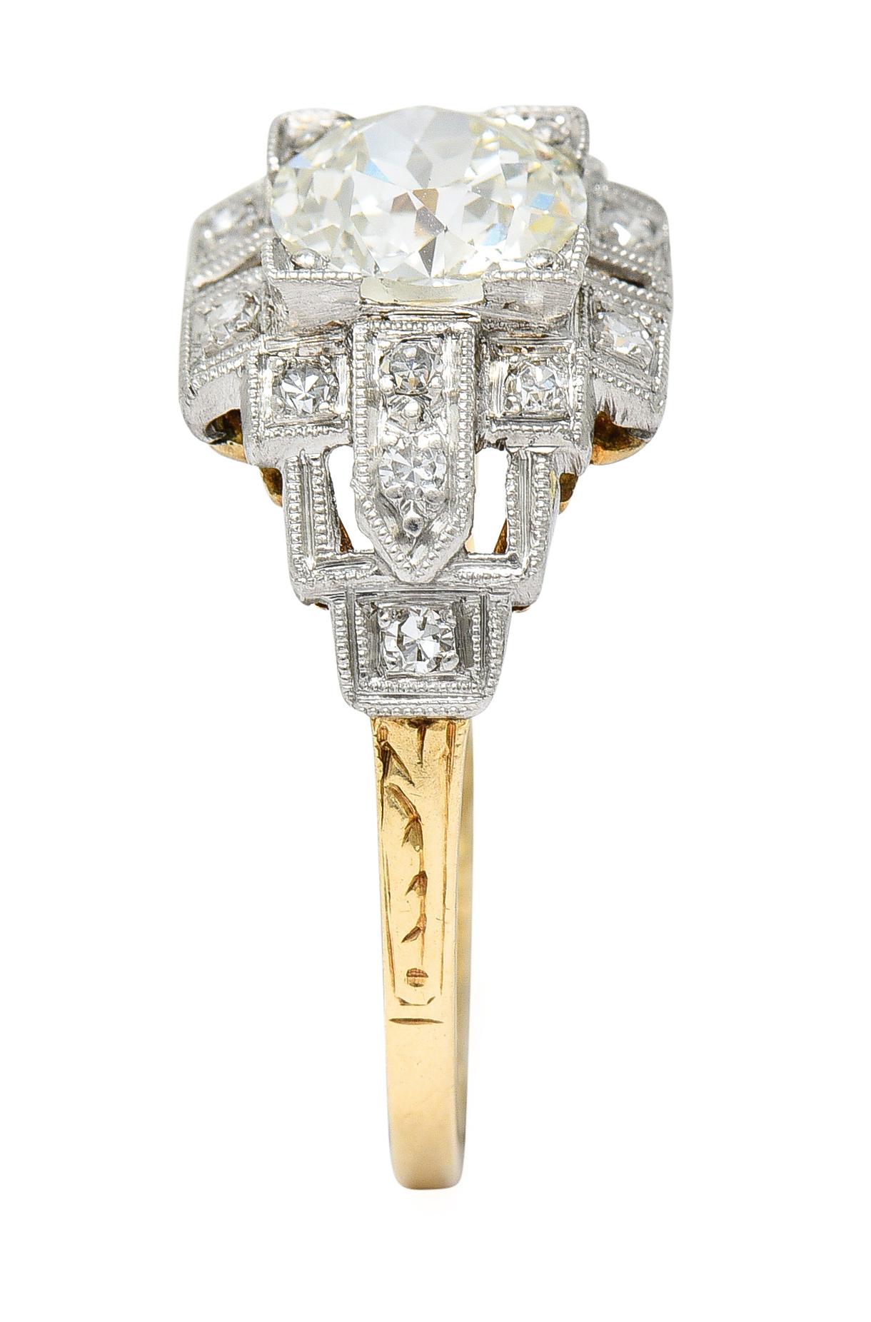 Art Deco 1.24 Carats Diamond Platinum 14 Karat Yellow Gold Engagement Ring 4