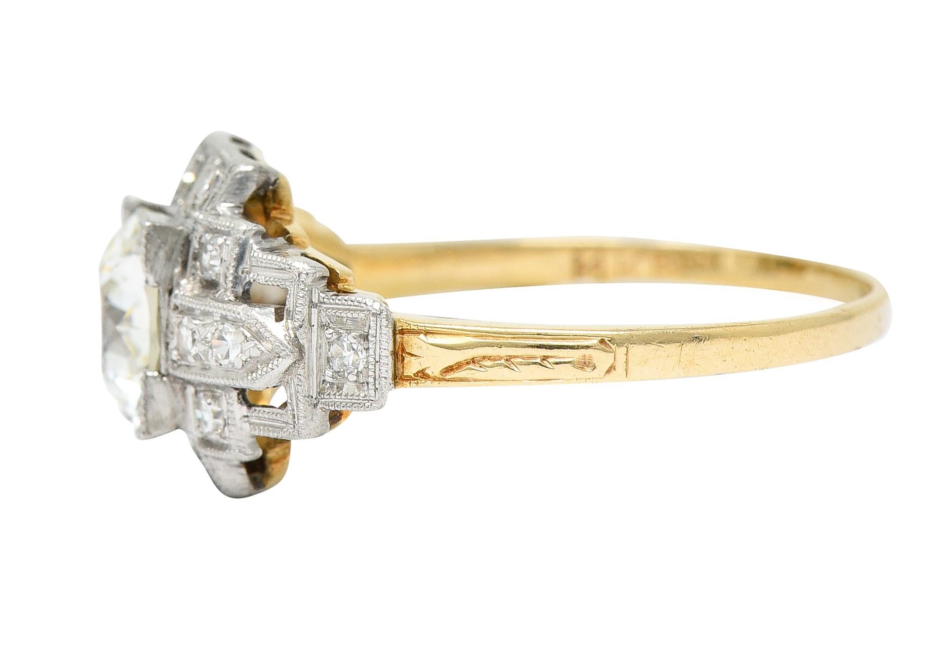 Art Deco 1.24 Carats Diamond Platinum 14 Karat Yellow Gold Engagement Ring In Excellent Condition In Philadelphia, PA