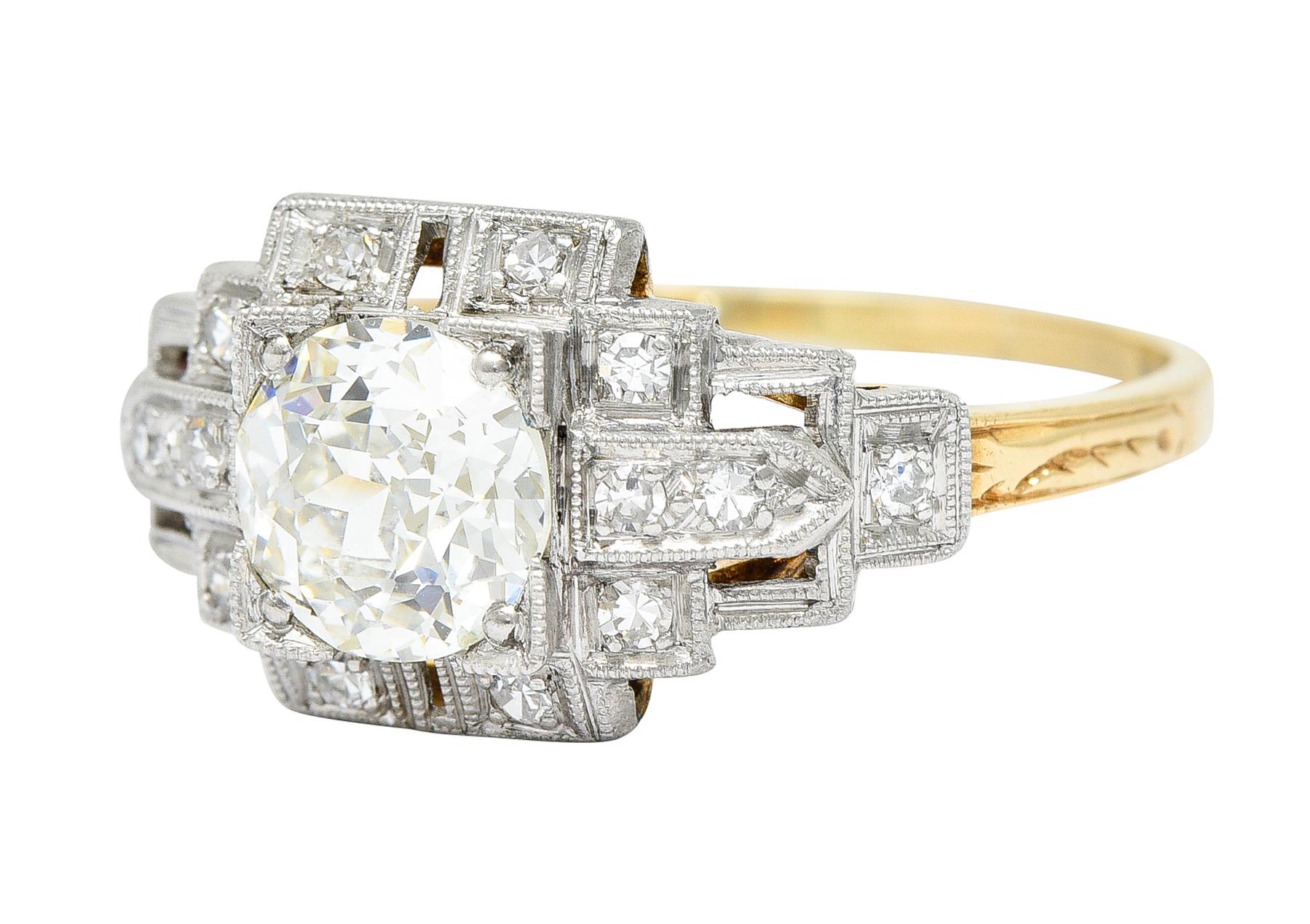 Women's or Men's Art Deco 1.24 Carats Diamond Platinum 14 Karat Yellow Gold Engagement Ring