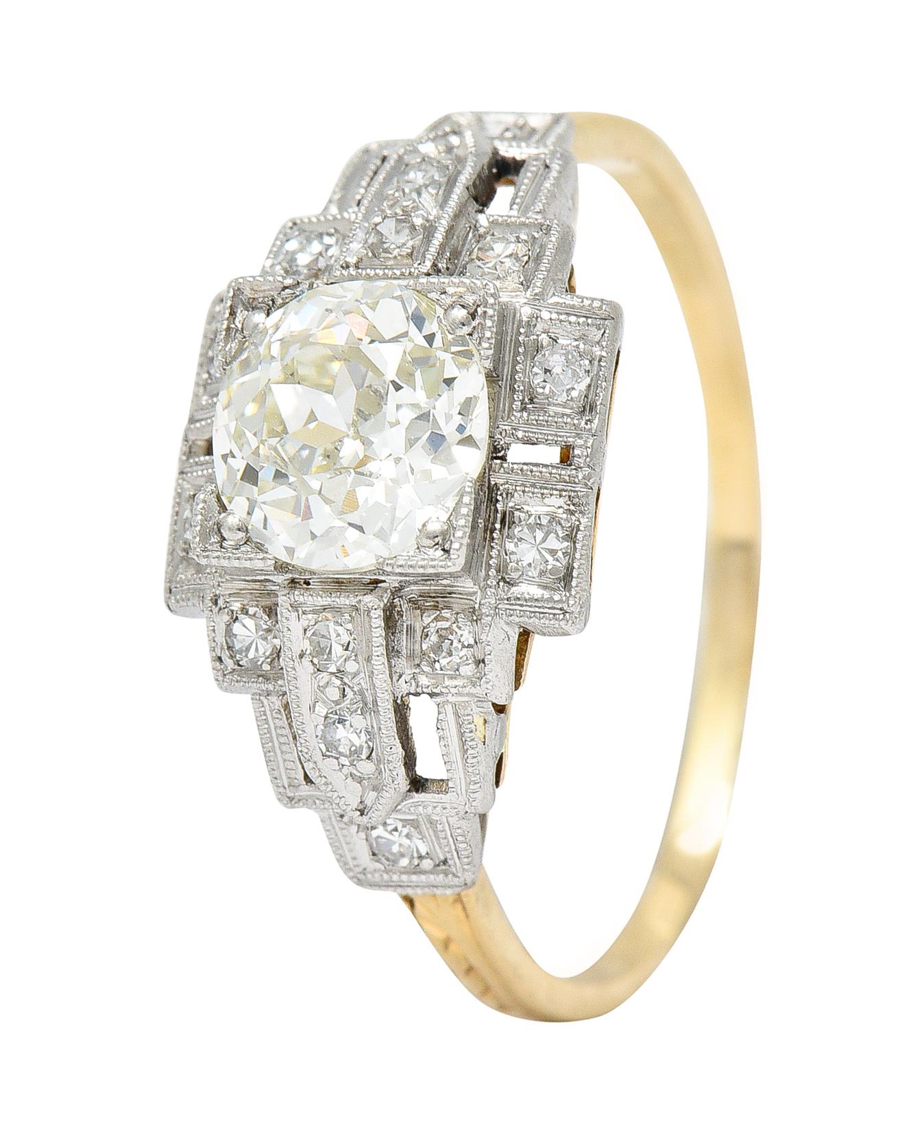 Art Deco 1.24 Carats Diamond Platinum 14 Karat Yellow Gold Engagement Ring 2