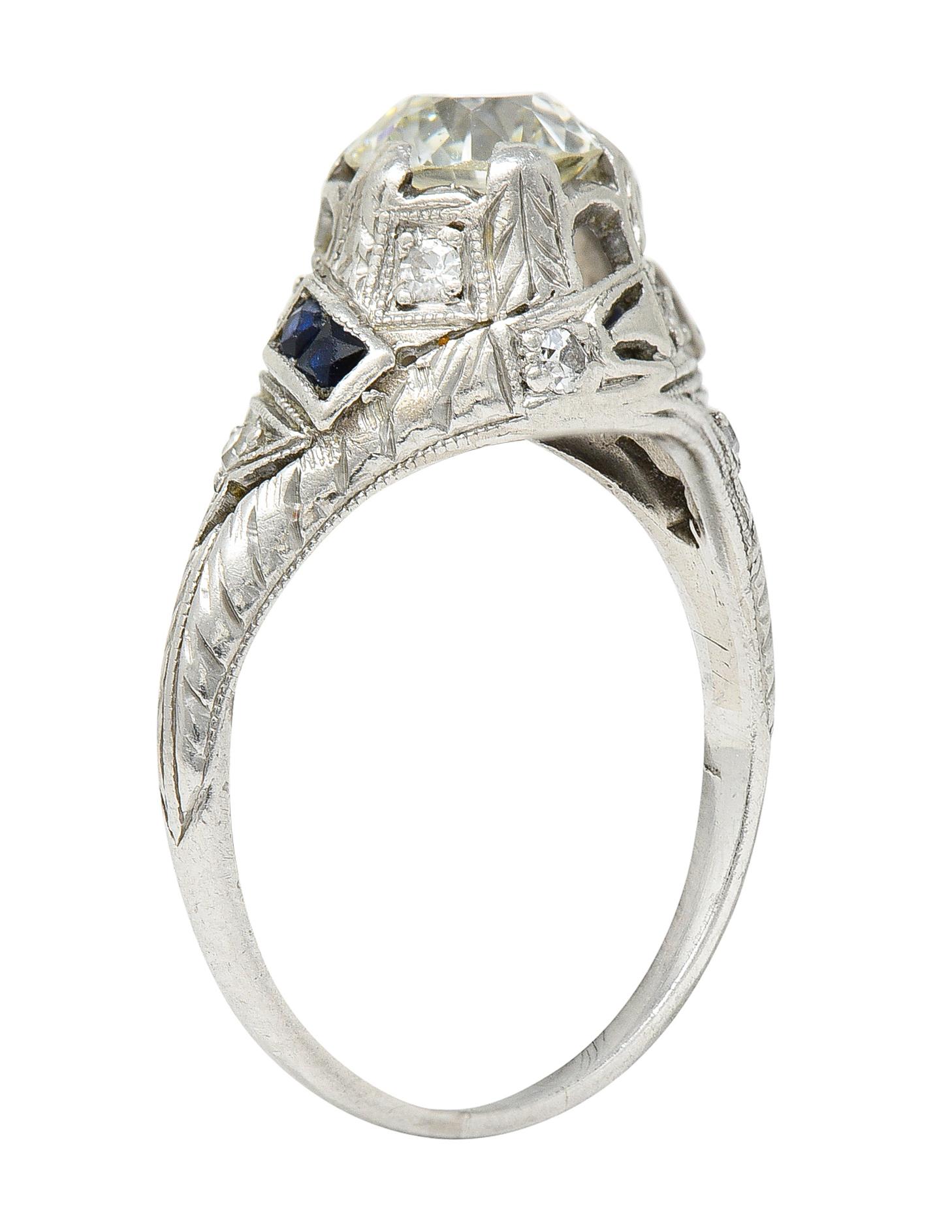 Art Deco 1.24 Carats Diamond Sapphire Platinum Foliate Engagement Ring For Sale 4