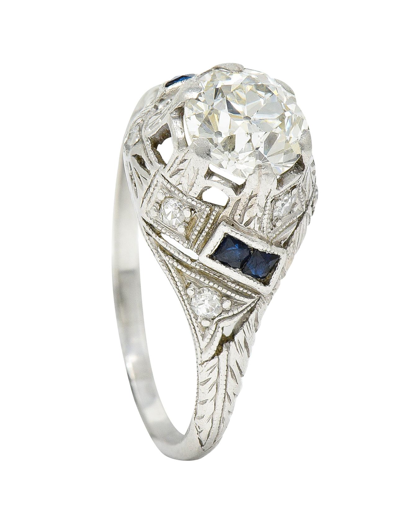 Bague de fiançailles Art déco avec feuillage de diamants, saphirs et platine de 1,24 carat en vente 6