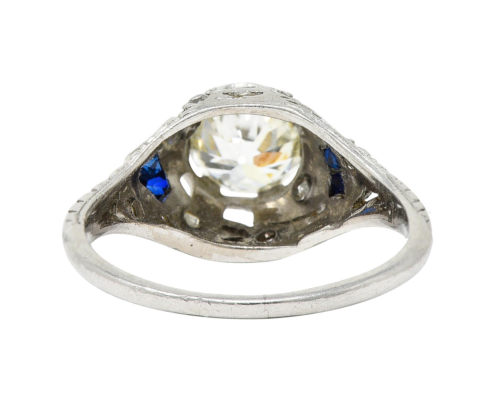 Old European Cut Art Deco 1.24 Carats Diamond Sapphire Platinum Foliate Engagement Ring For Sale