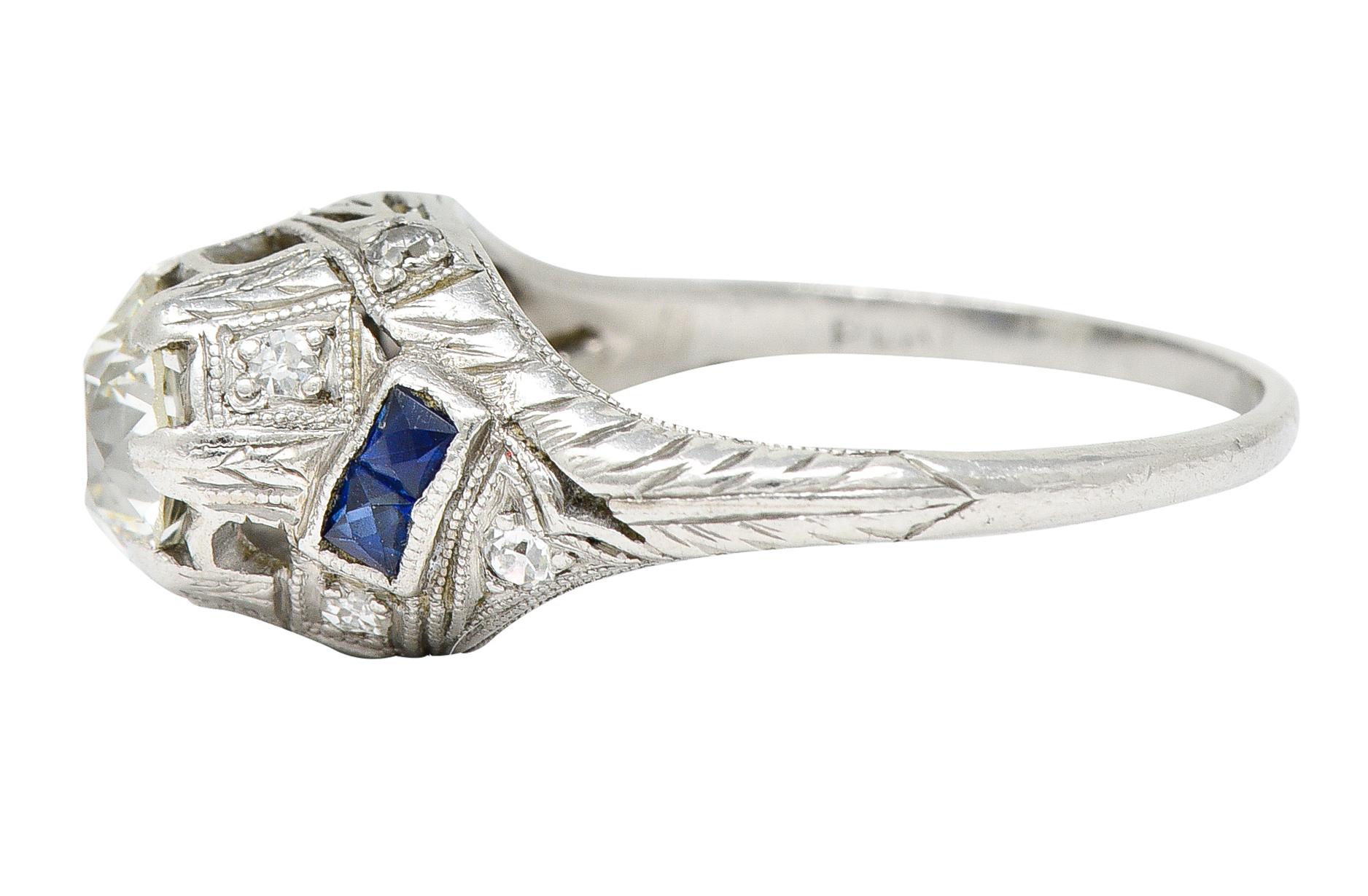 Art Deco 1.24 Carats Diamond Sapphire Platinum Foliate Engagement Ring In Excellent Condition For Sale In Philadelphia, PA