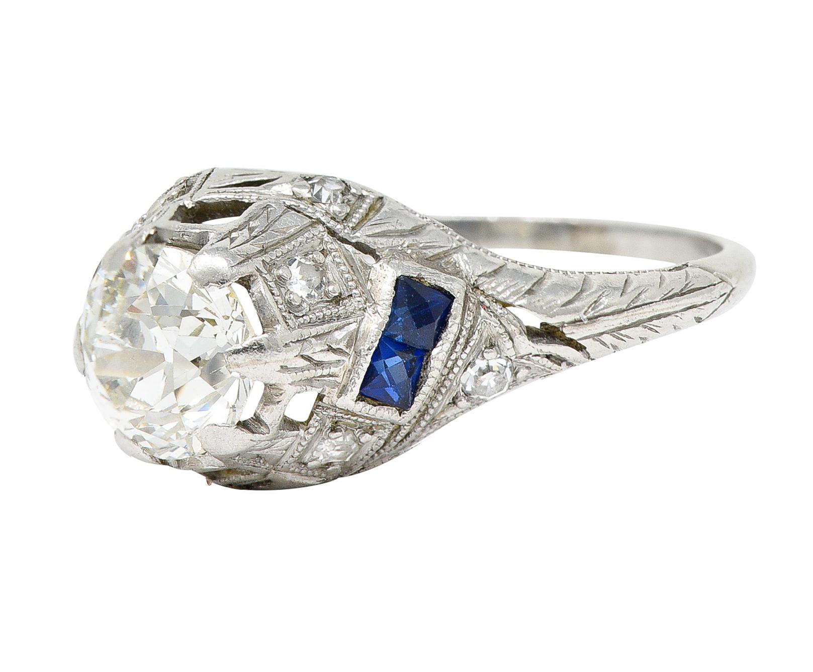 Women's or Men's Art Deco 1.24 Carats Diamond Sapphire Platinum Foliate Engagement Ring For Sale