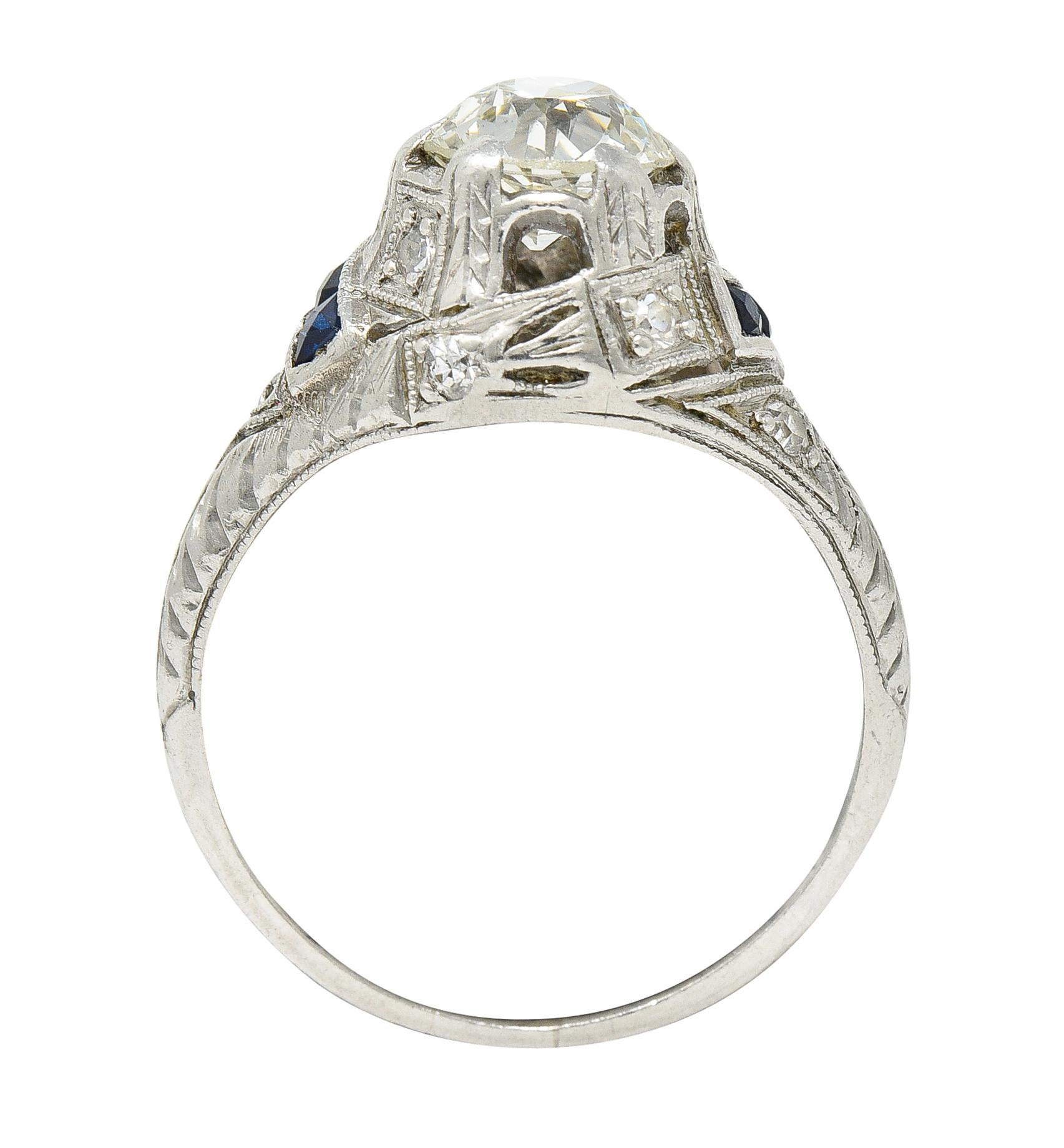 Art Deco 1.24 Carats Diamond Sapphire Platinum Foliate Engagement Ring For Sale 2