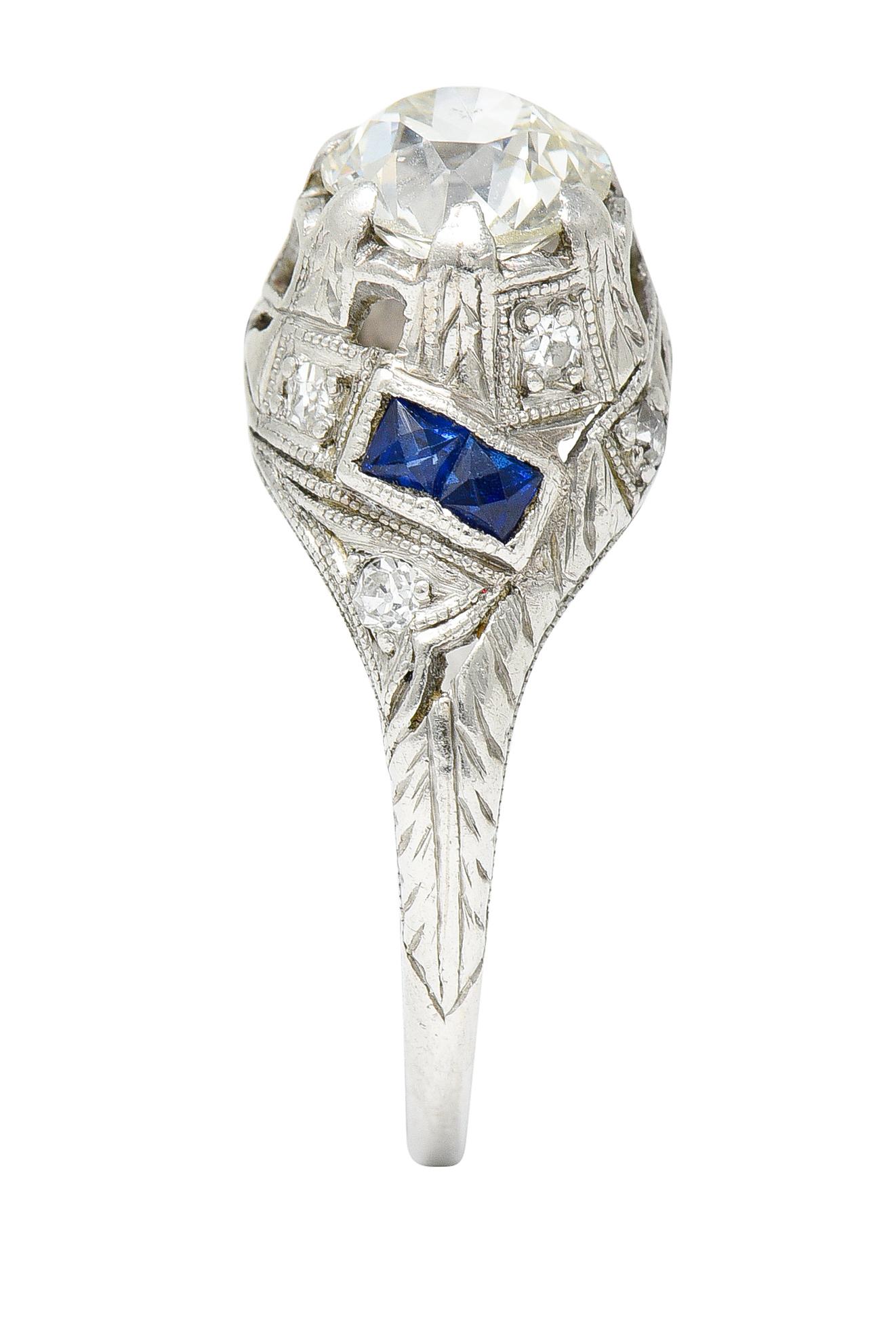 Art Deco 1.24 Carats Diamond Sapphire Platinum Foliate Engagement Ring For Sale 3