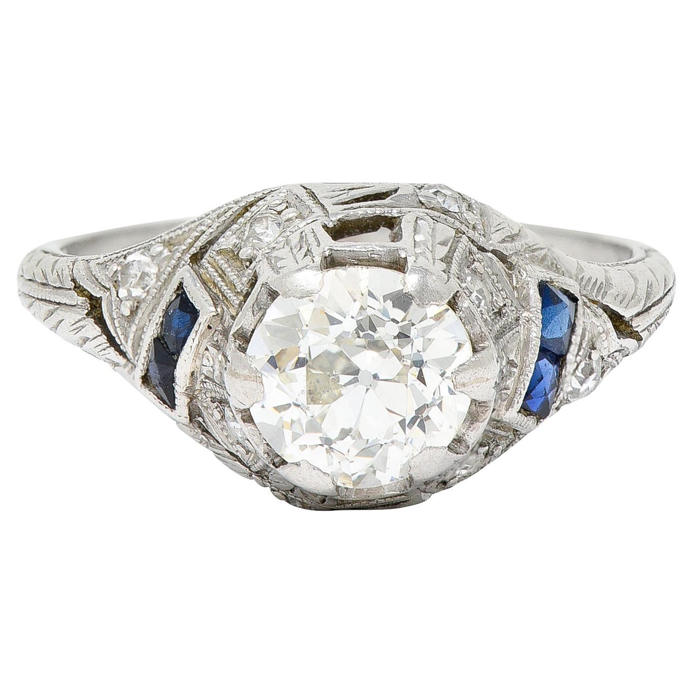 Bague de fiançailles Art déco avec feuillage de diamants, saphirs et platine de 1,24 carat