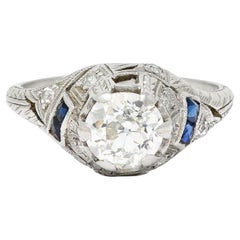 Art Deco 1.24 Carats Diamond Sapphire Platinum Foliate Engagement Ring