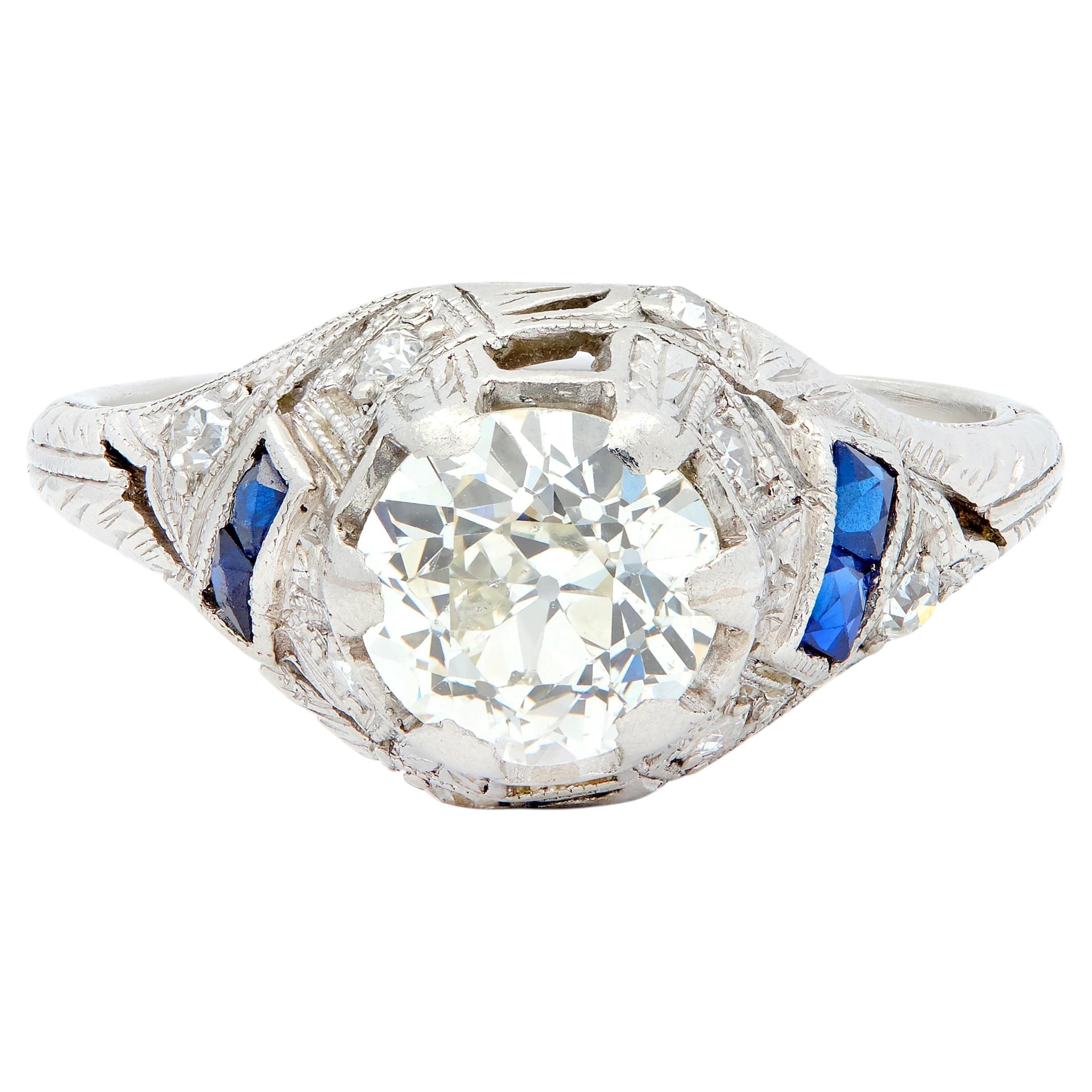 Art Deco 1.24 CTW Old European Diamond Sapphire Platinum Foliate Engagement Ring For Sale