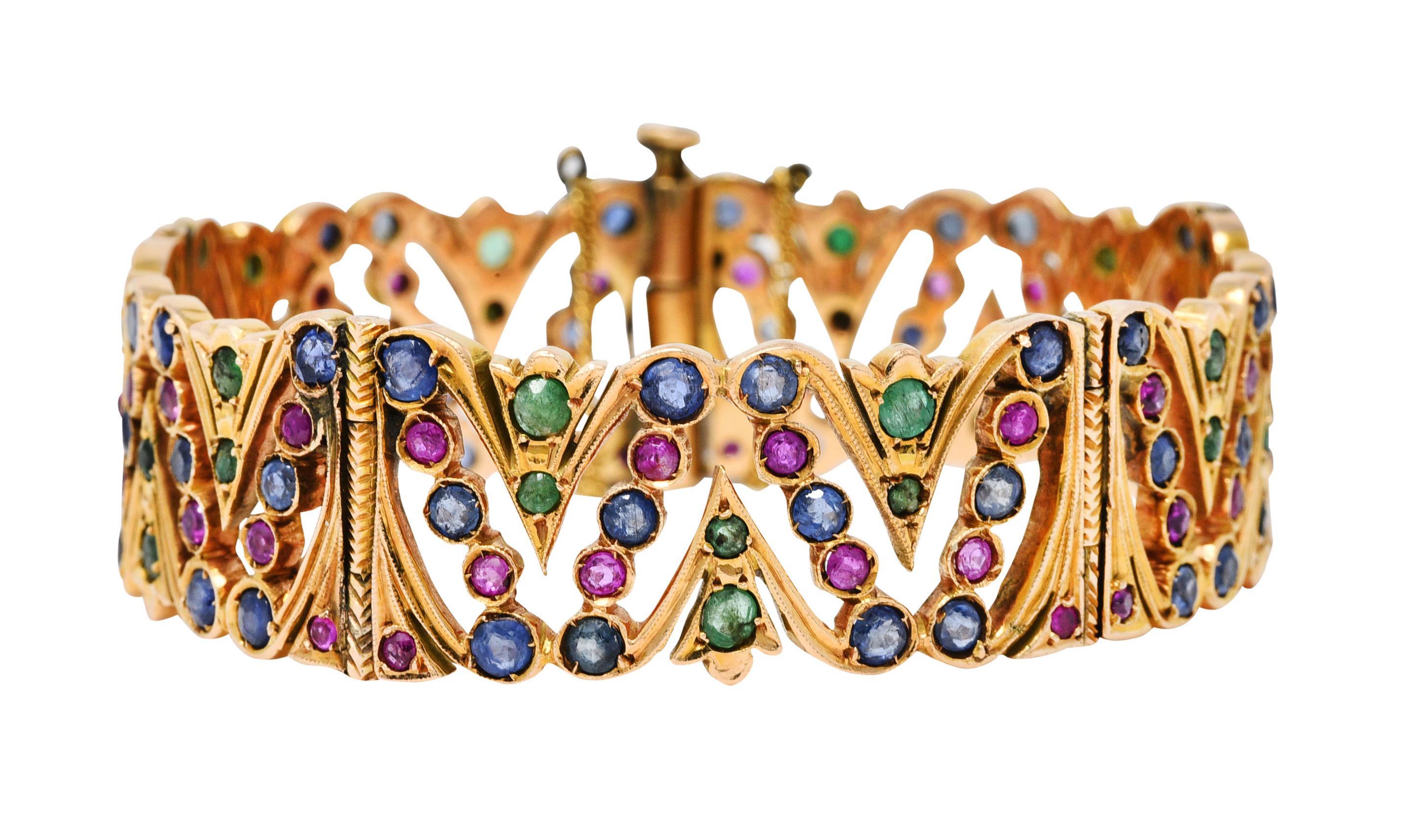 Round Cut Art Deco 12.45 Carats Sapphire Ruby Emerald Pearl 14 Karat Gold Bracelet