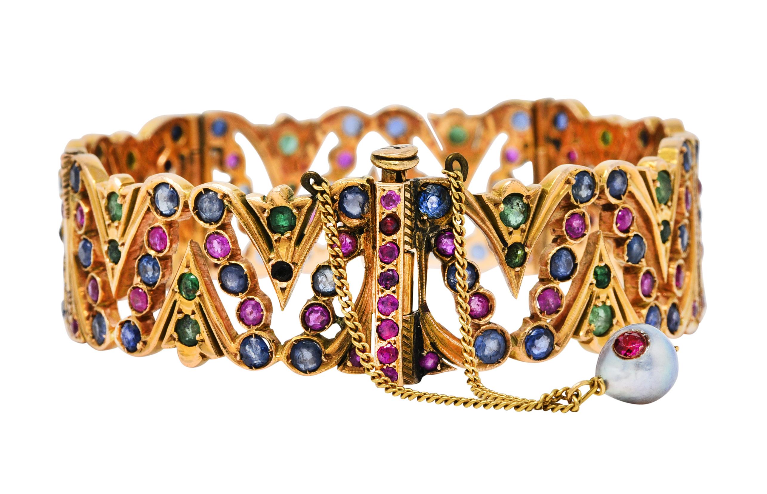 Women's or Men's Art Deco 12.45 Carats Sapphire Ruby Emerald Pearl 14 Karat Gold Bracelet