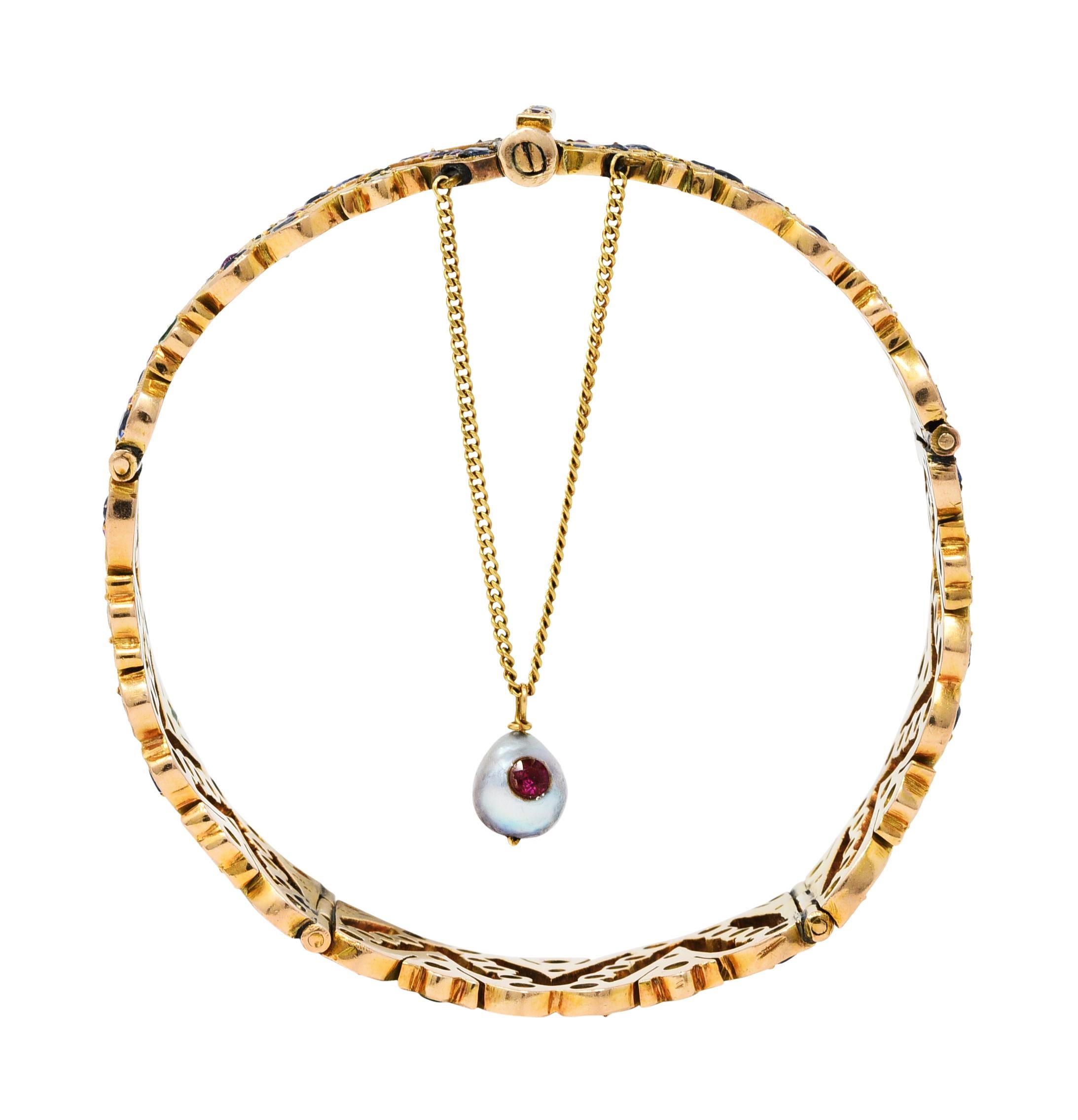 Art Deco 12.45 Carats Sapphire Ruby Emerald Pearl 14 Karat Gold Bracelet 3