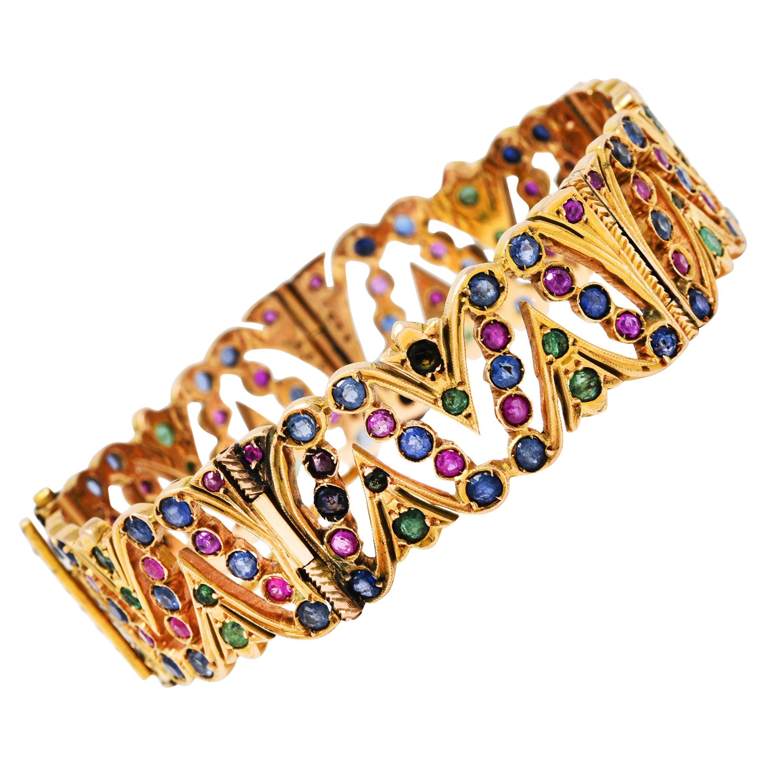 Art Deco 12.45 Carats Sapphire Ruby Emerald Pearl 14 Karat Gold Bracelet