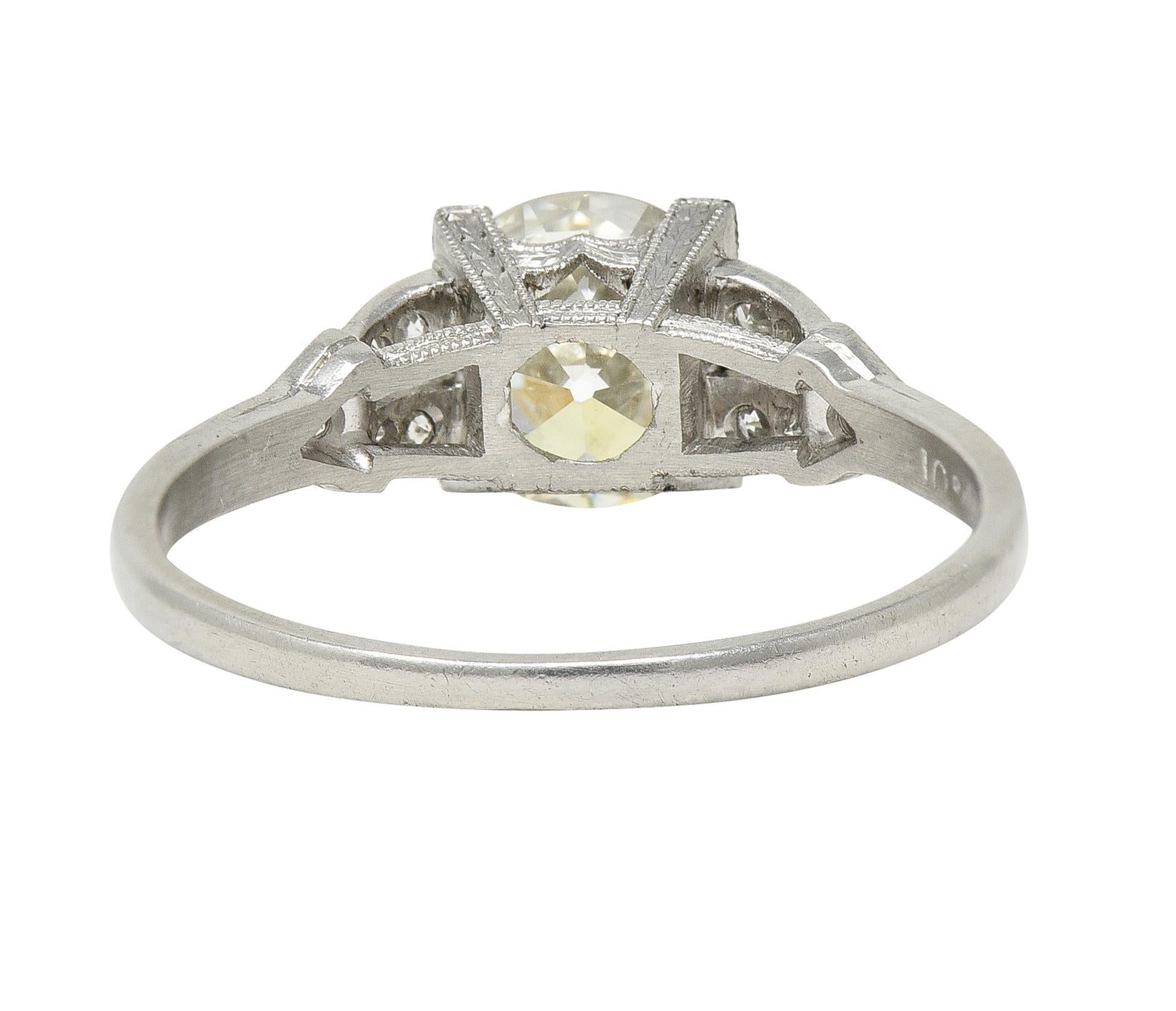 Women's or Men's Art Deco 1.25 Center Old European Diamond Ribbon Vintage Engagement Ring For Sale
