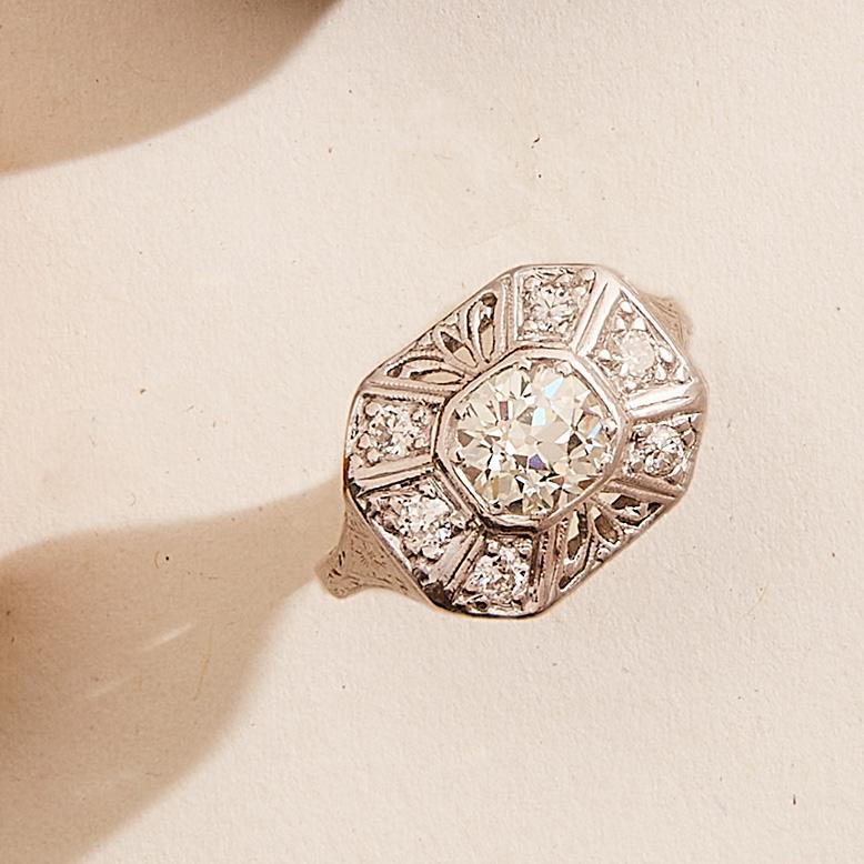 Women's Art Deco 1.25 Ct. Old Mine Hand-Engraved Engagement Ring J-K VS1 For Sale