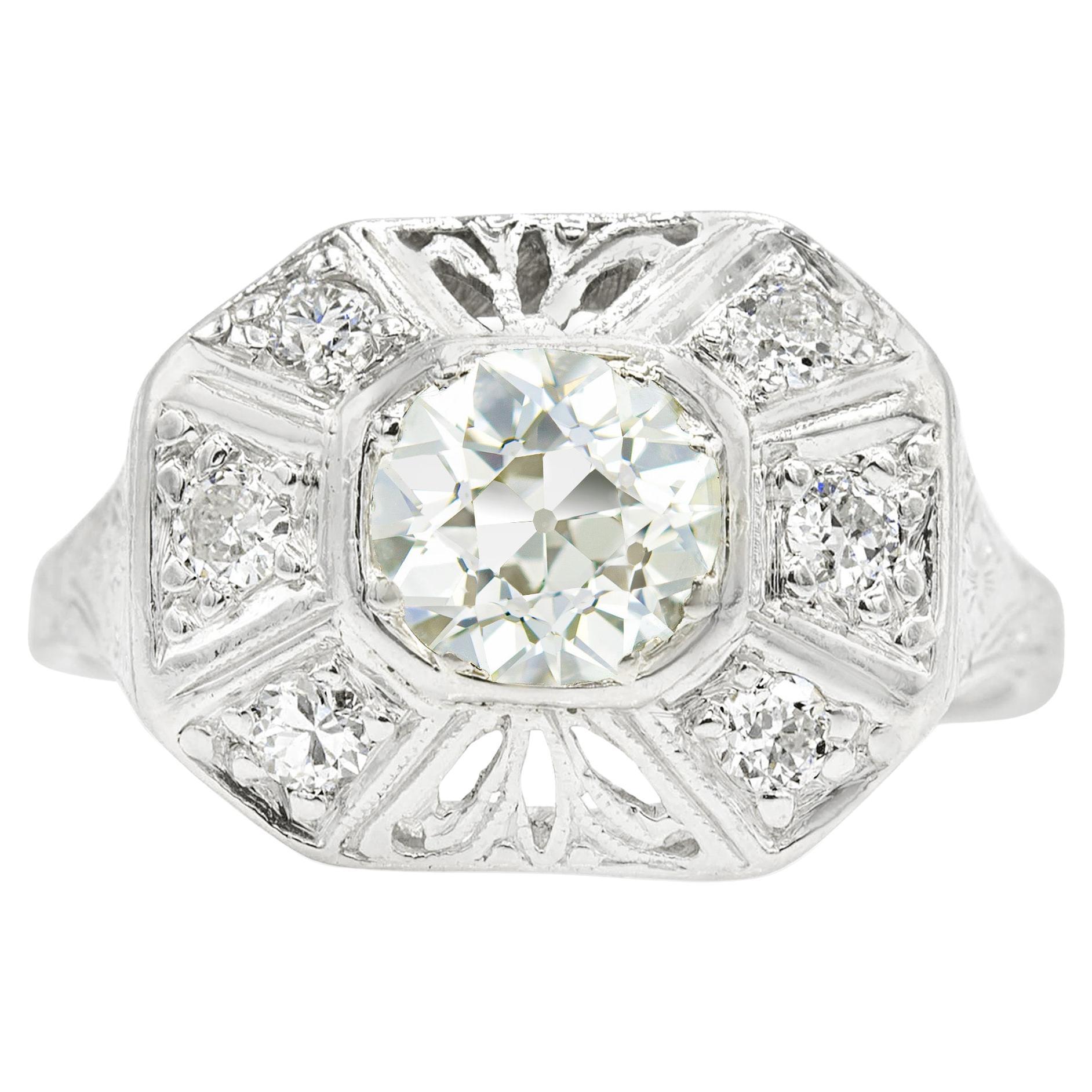Art Deco 1.25 Ct. Old Mine Hand-Engraved Engagement Ring J-K VS1 For Sale