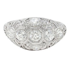Anillo Art Decó con diamantes de 1,25 quilates, perforado en platino, con banda bombé vintage en espiral