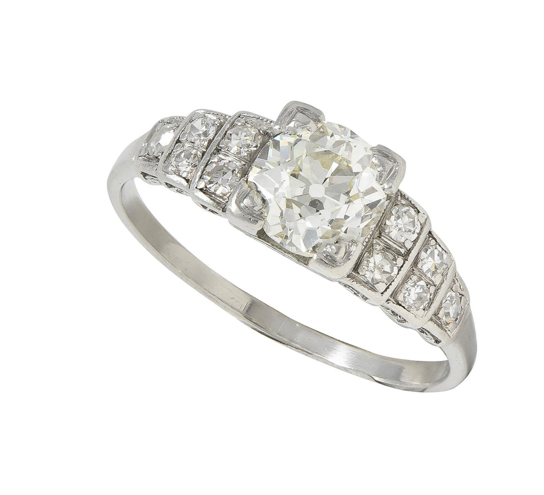 Art Deco 1.25 CTW Old European Diamond Platinum Vintage Stepped Engagement Ring For Sale 5