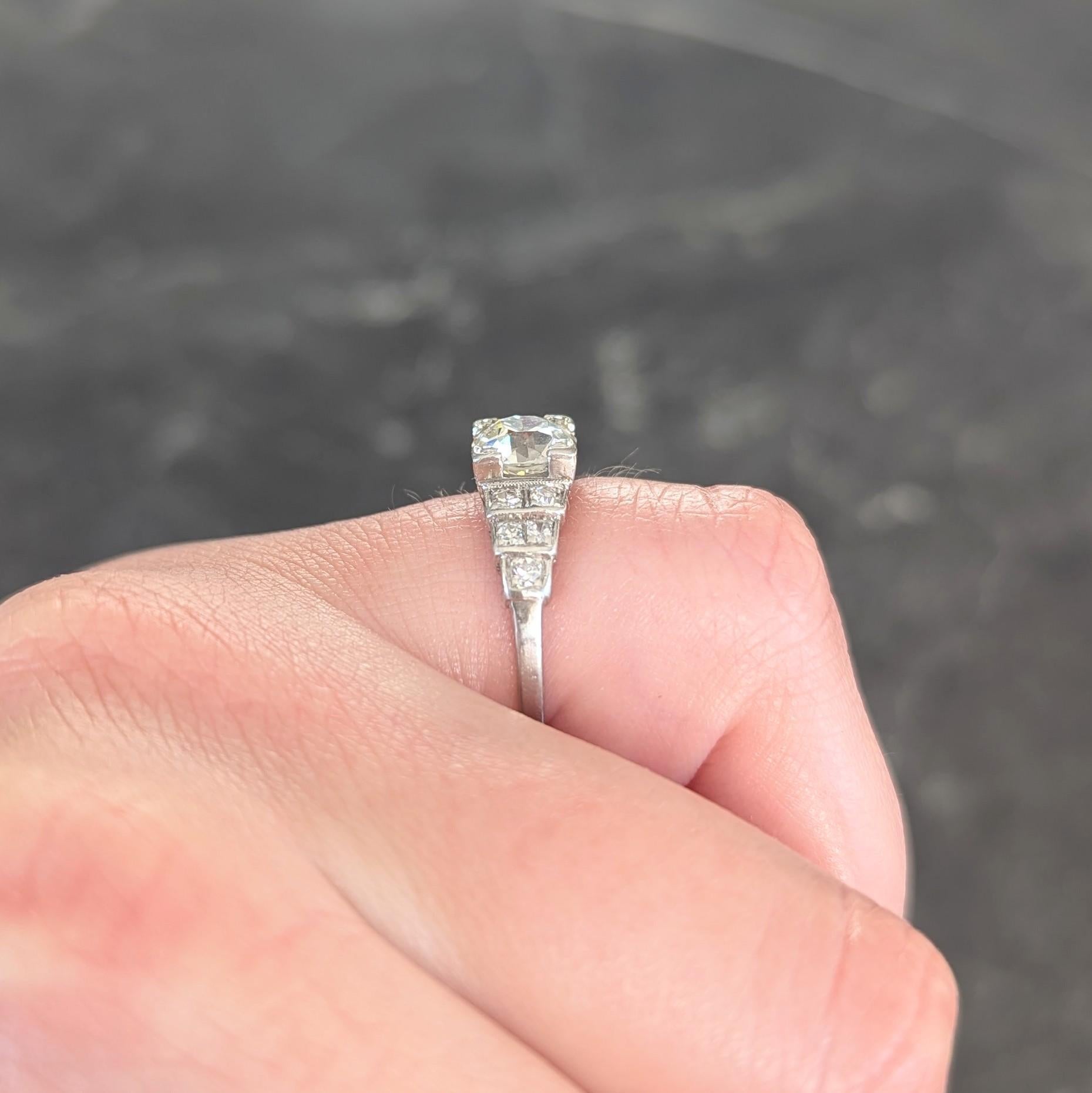 Art Deco 1.25 CTW Old European Diamond Platinum Vintage Stepped Engagement Ring For Sale 6