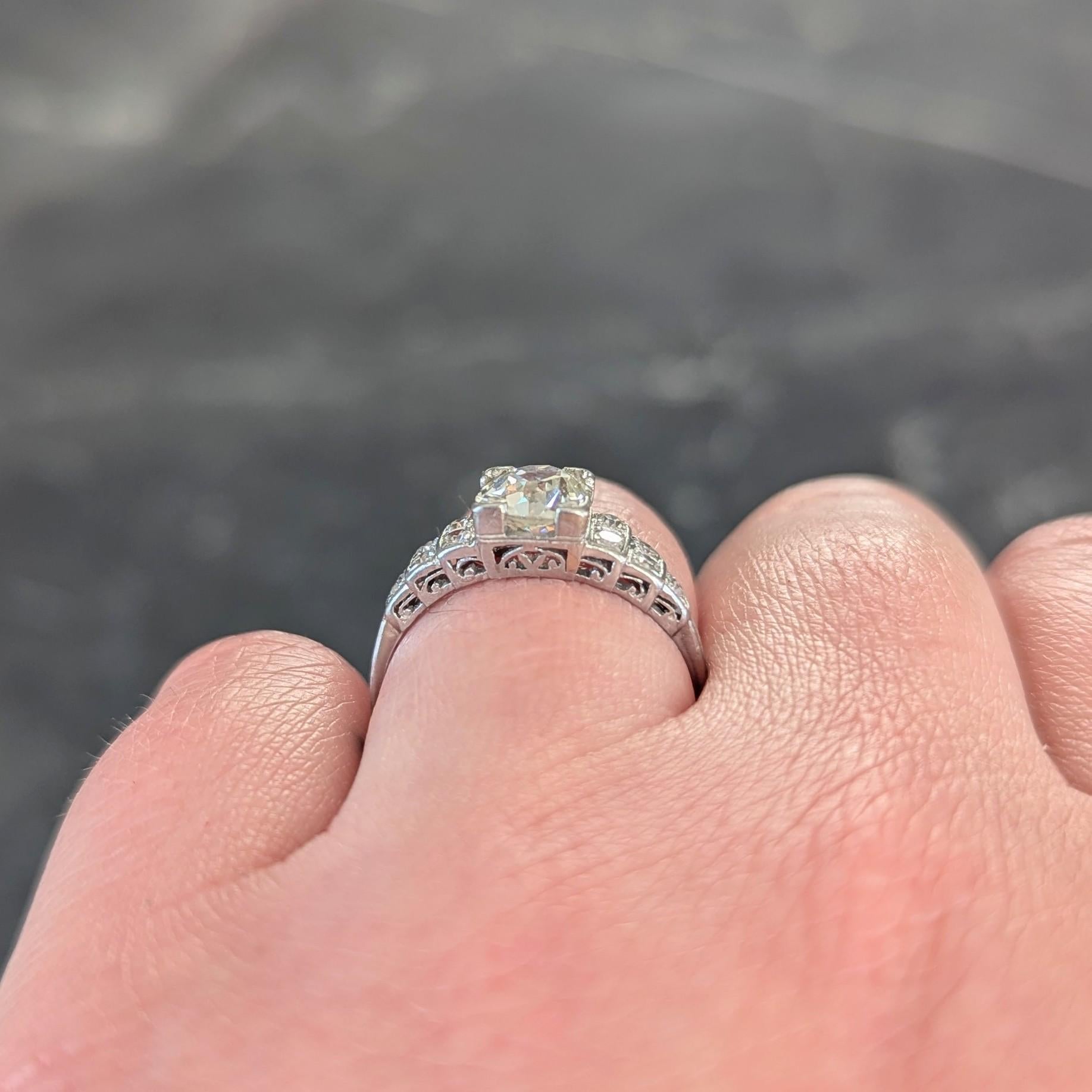 Art Deco 1.25 CTW Old European Diamond Platinum Vintage Stepped Engagement Ring For Sale 7