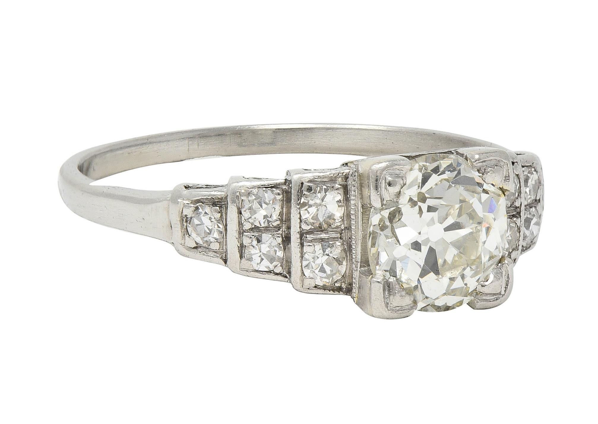 Old European Cut Art Deco 1.25 CTW Old European Diamond Platinum Vintage Stepped Engagement Ring For Sale