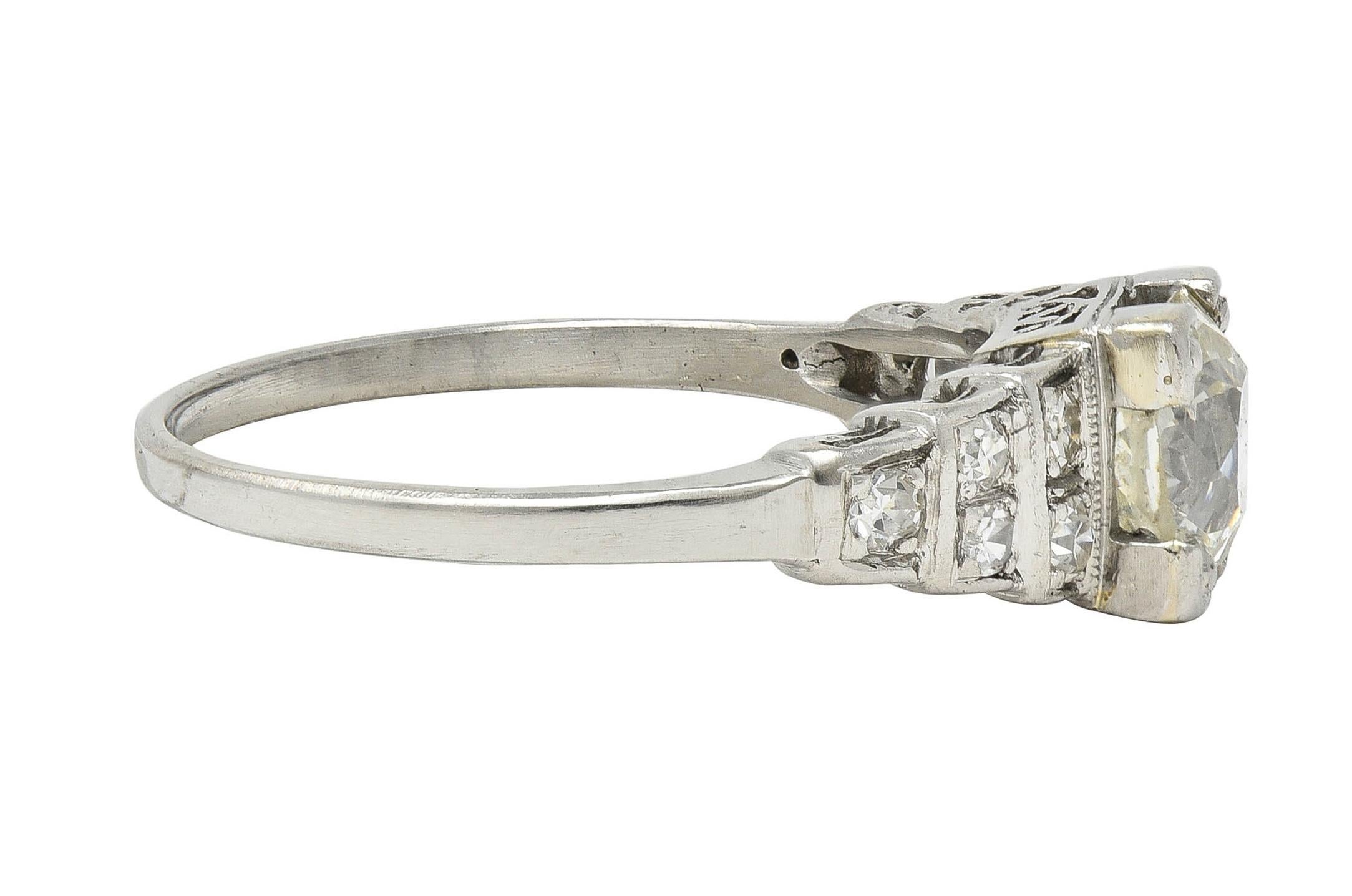 Art Deco 1.25 CTW Old European Diamond Platinum Vintage Stepped Engagement Ring In Excellent Condition For Sale In Philadelphia, PA