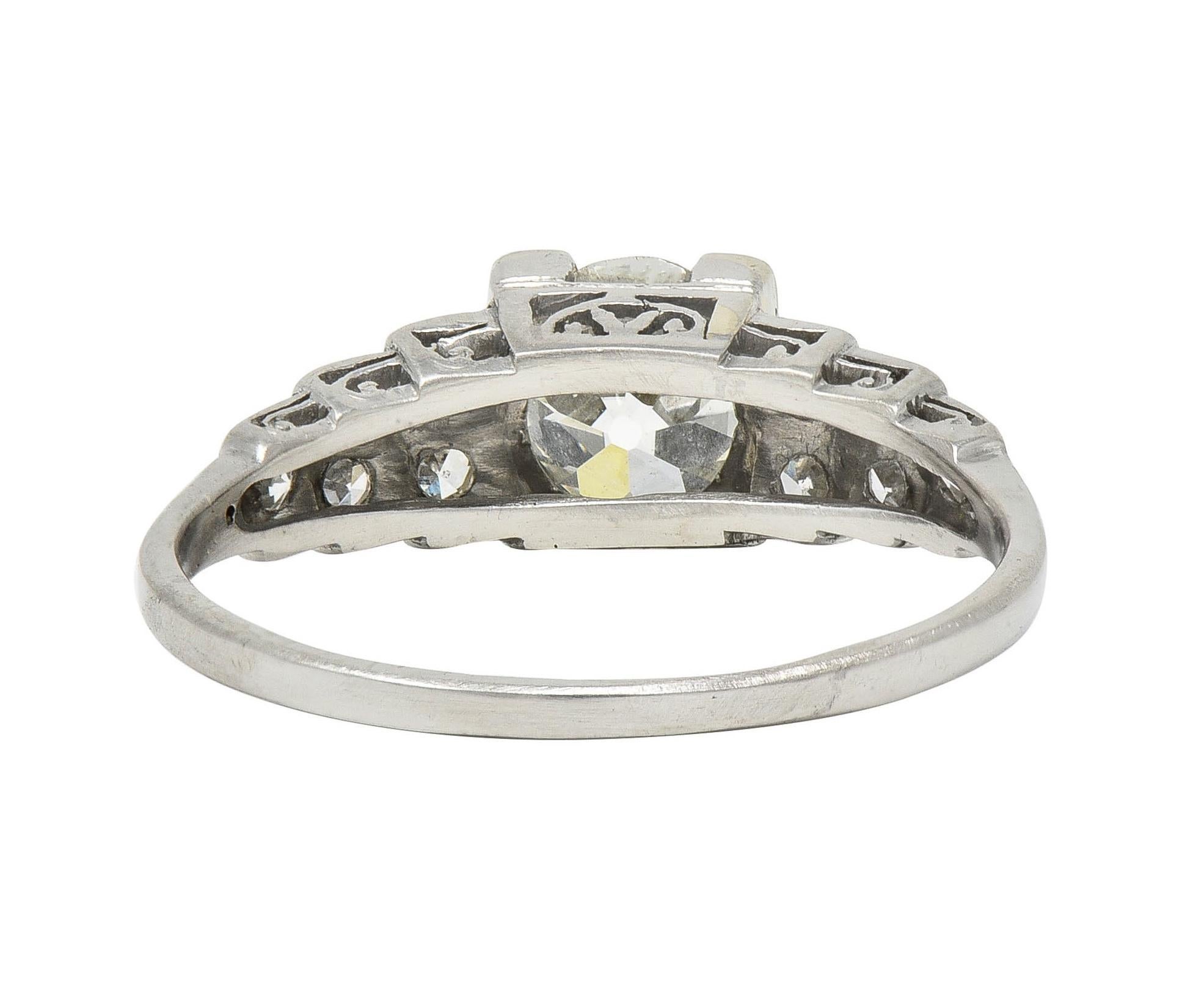 Women's or Men's Art Deco 1.25 CTW Old European Diamond Platinum Vintage Stepped Engagement Ring For Sale