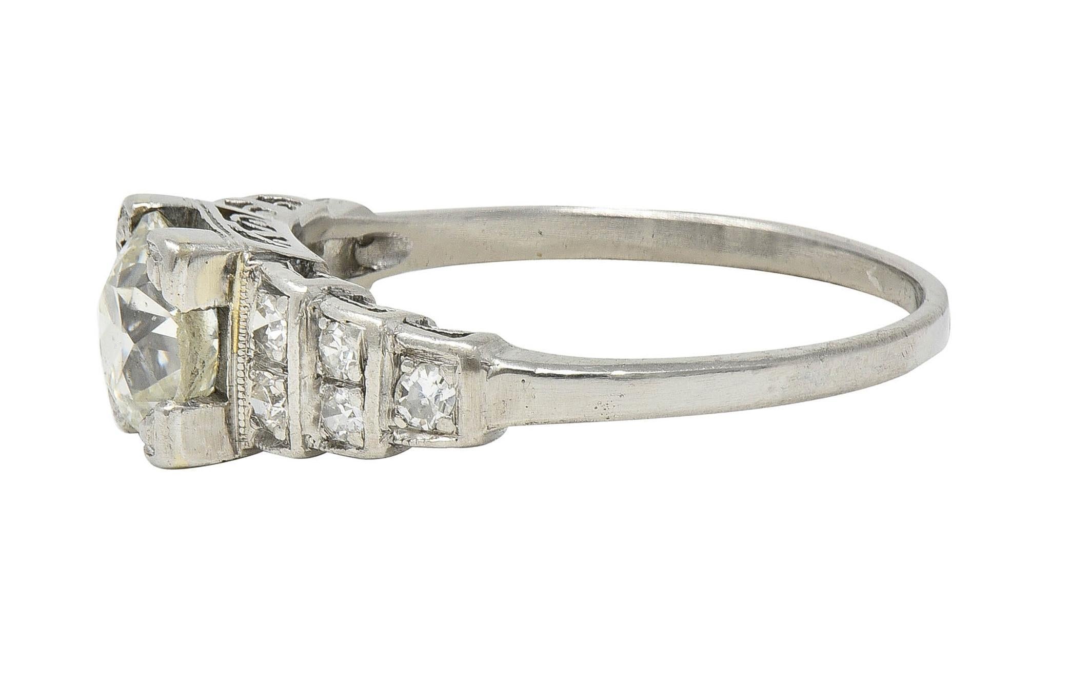 Art Deco 1.25 CTW Old European Diamond Platinum Vintage Stepped Engagement Ring For Sale 1