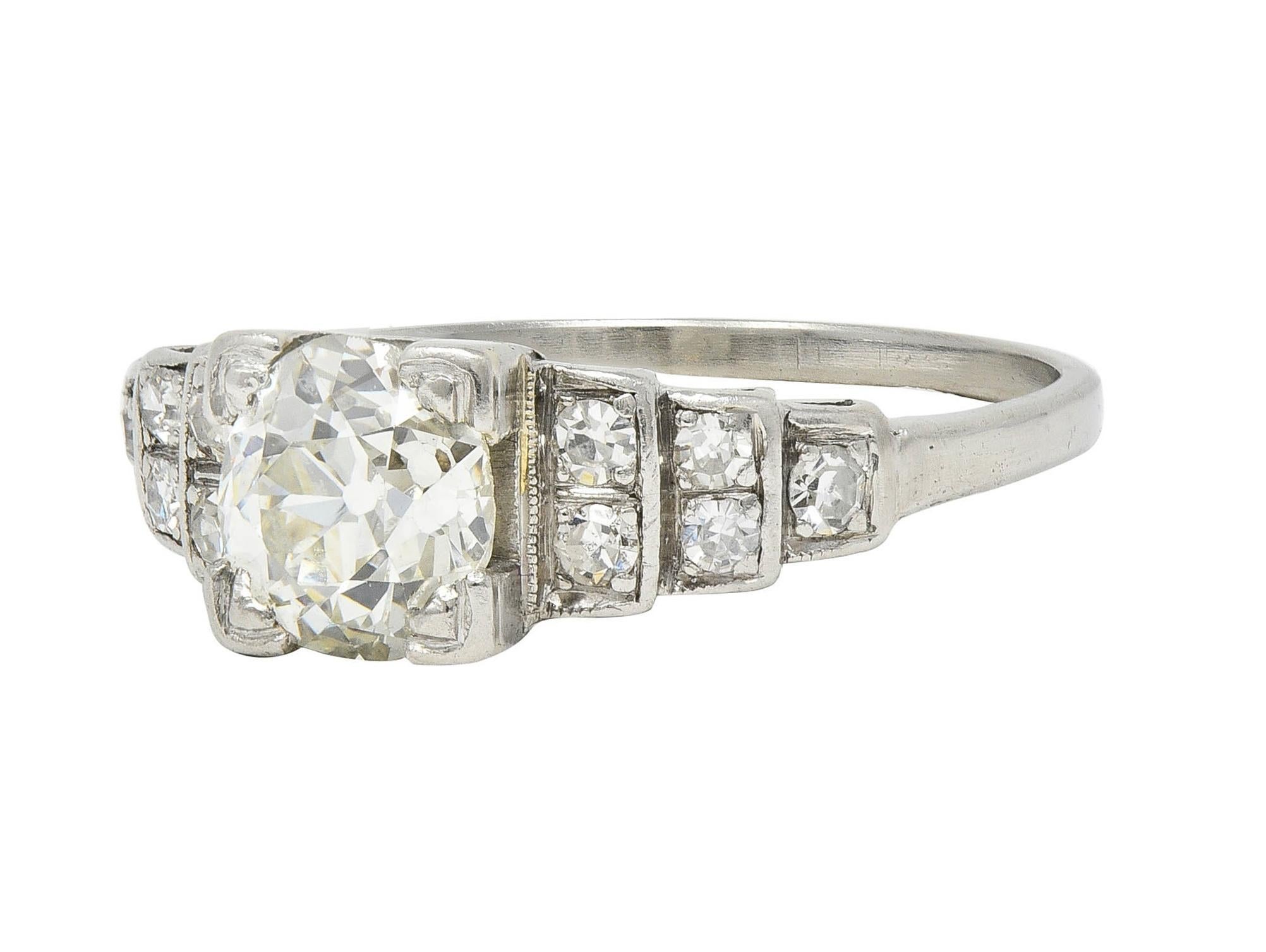Art Deco 1.25 CTW Old European Diamond Platinum Vintage Stepped Engagement Ring For Sale 2