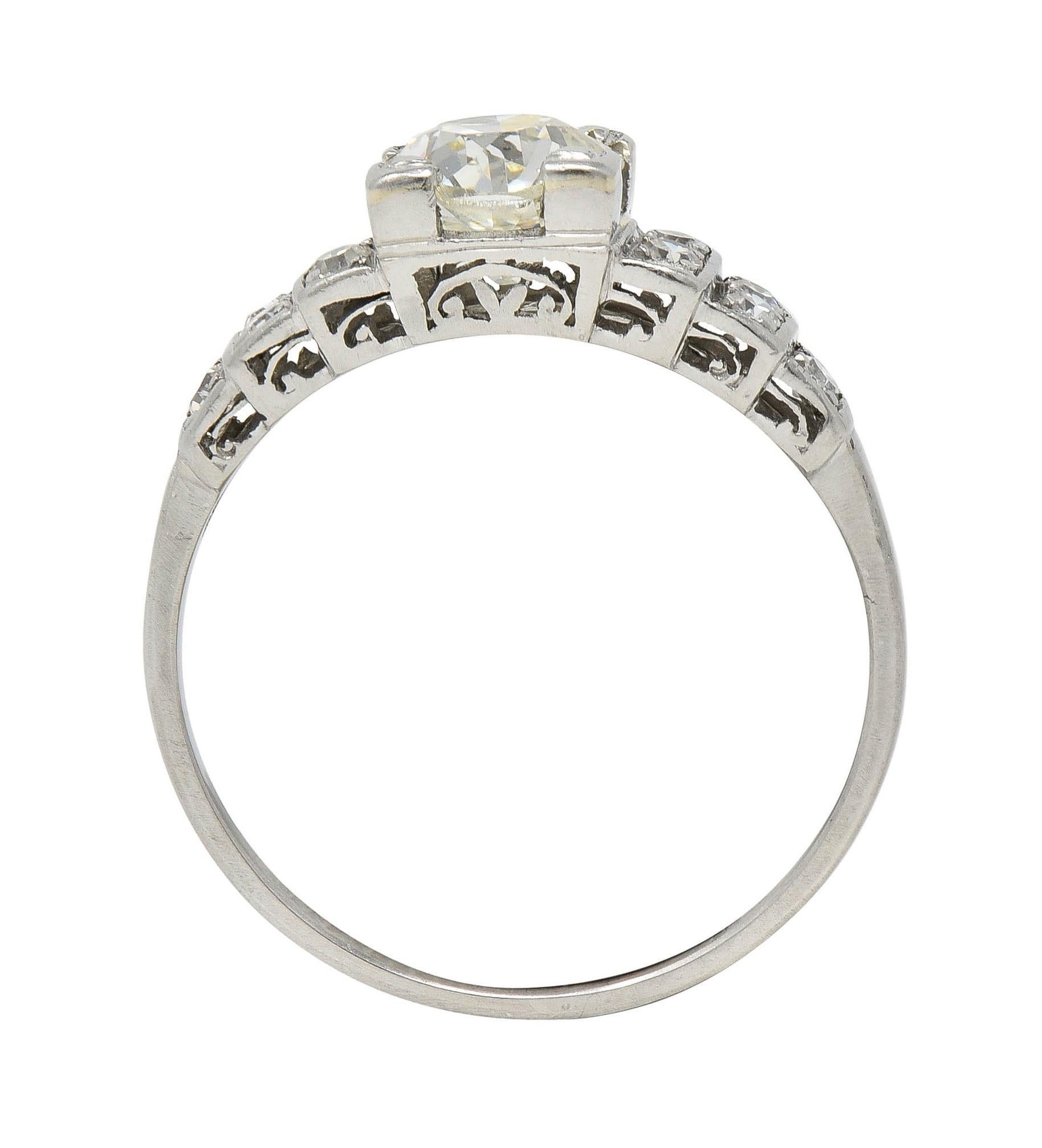 Art Deco 1.25 CTW Old European Diamond Platinum Vintage Stepped Engagement Ring For Sale 3