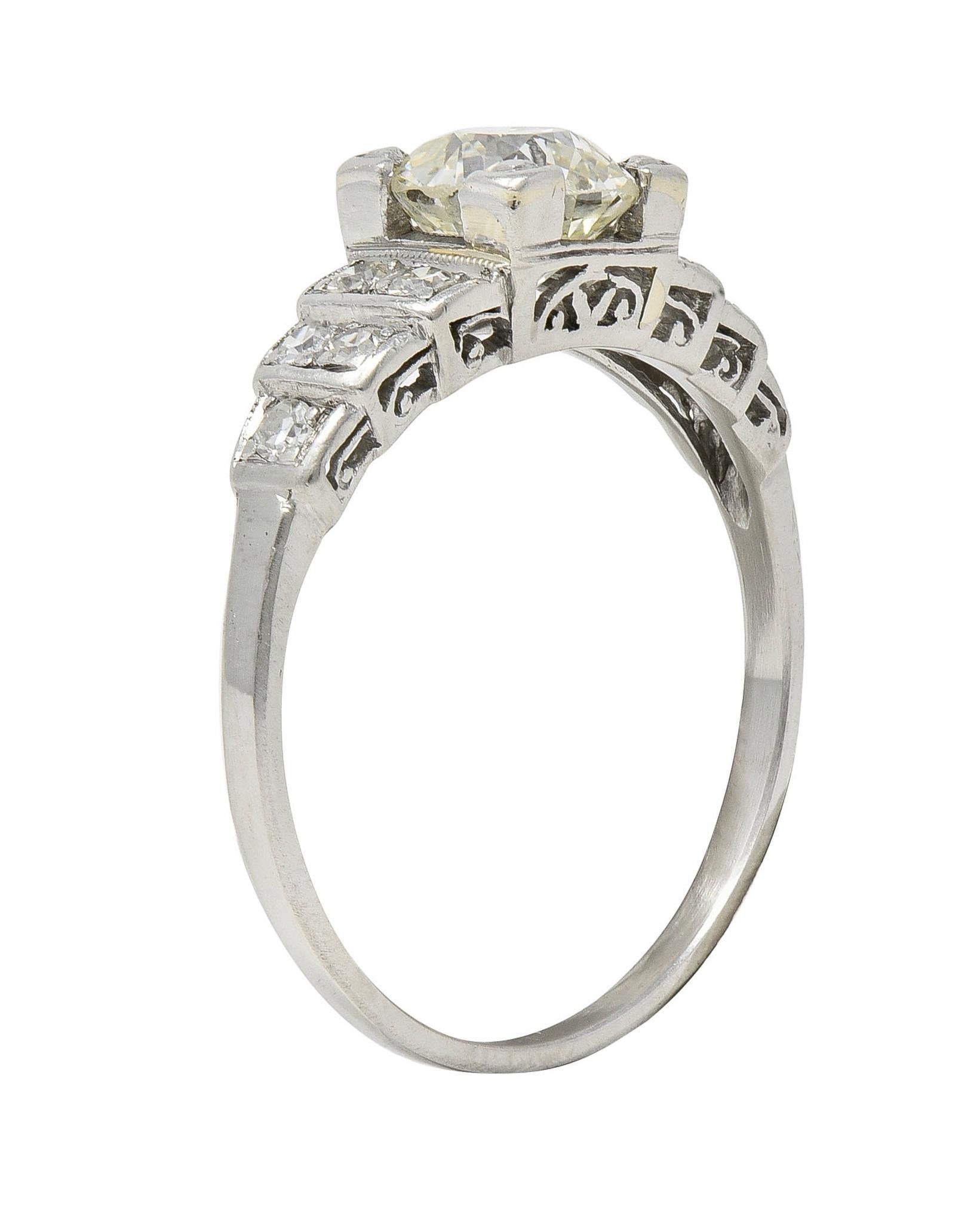 Art Deco 1.25 CTW Old European Diamond Platinum Vintage Stepped Engagement Ring For Sale 4