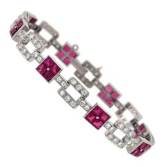 Art Deco 1.25 Total Carat Diamond and Synthetic Ruby Link Bracelet