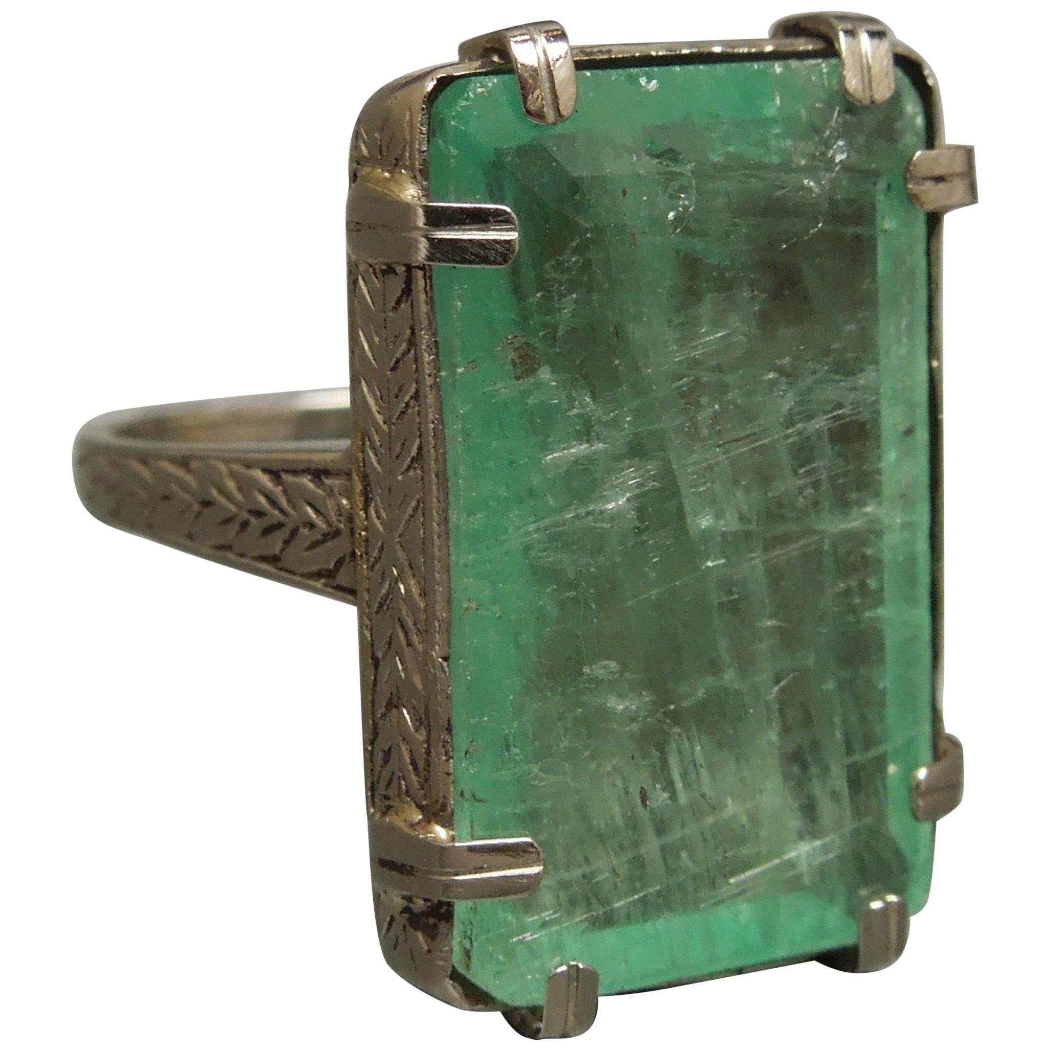 Art Deco 12.50 Carat Emerald Cut Emerald Solitaire Ring