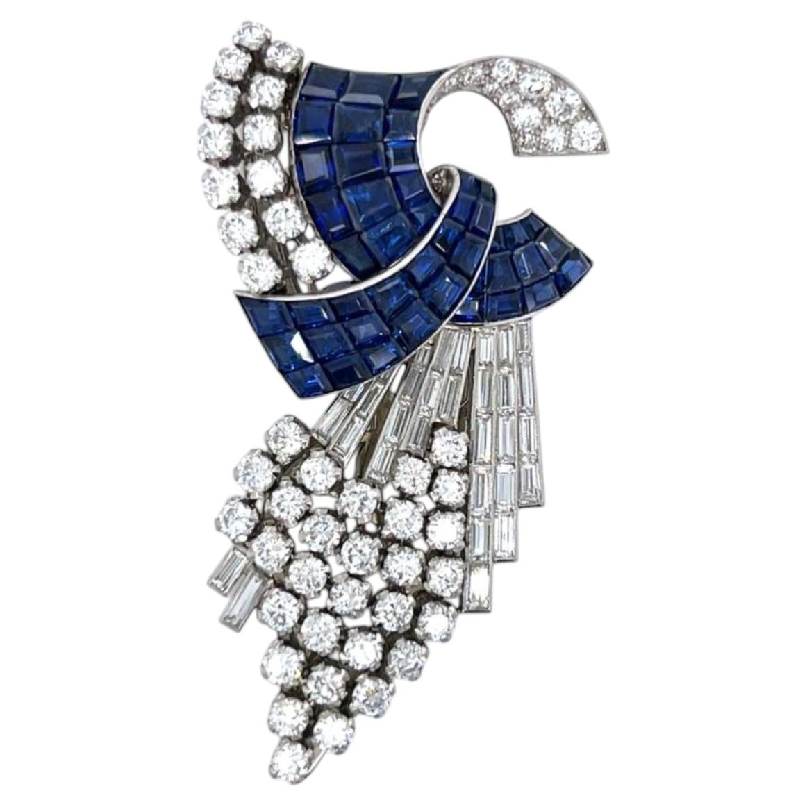 Art Deco 12.50 Carat Invisible Setting Sapphire and Diamond Platinum Brooch