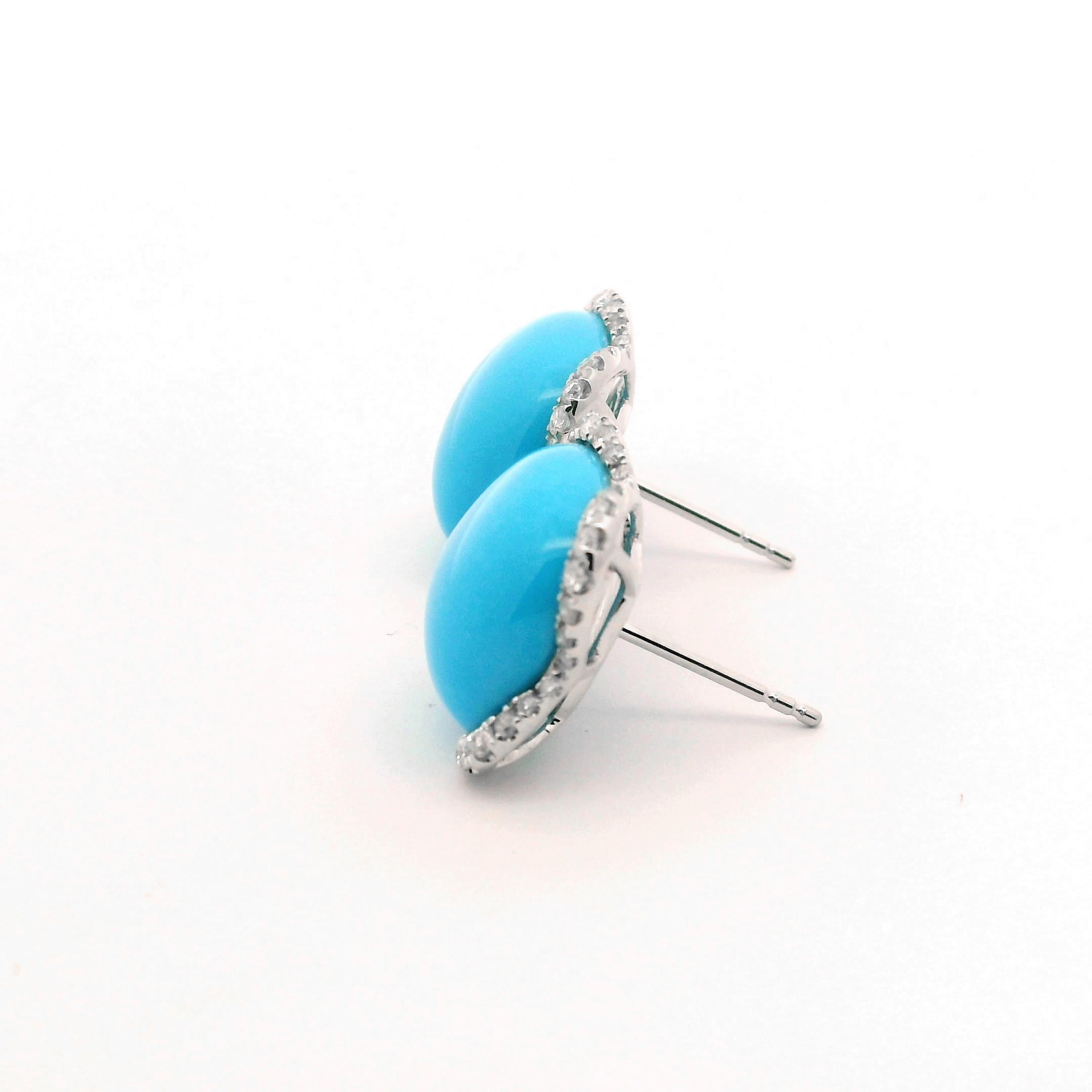 Cabochon Vintage 12.55Ct Sleeping Beauty Turquoise Diamond Earring in 18K White Gold For Sale