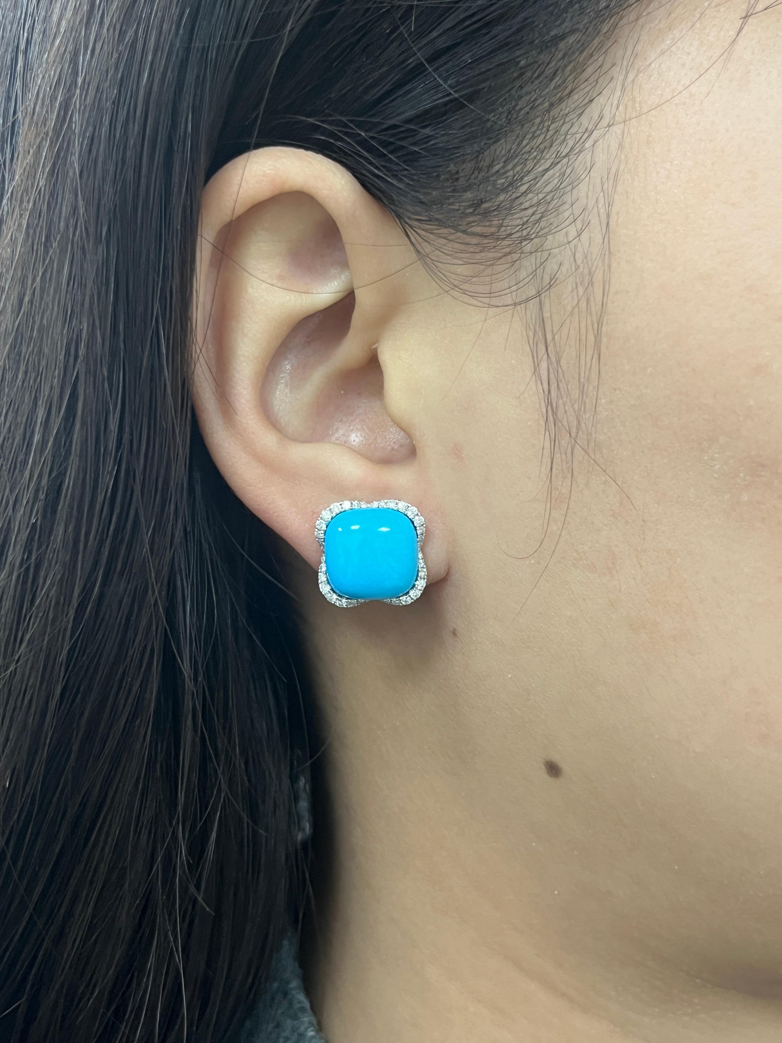 Women's Vintage 12.55Ct Sleeping Beauty Turquoise Diamond Earring in 18K White Gold For Sale