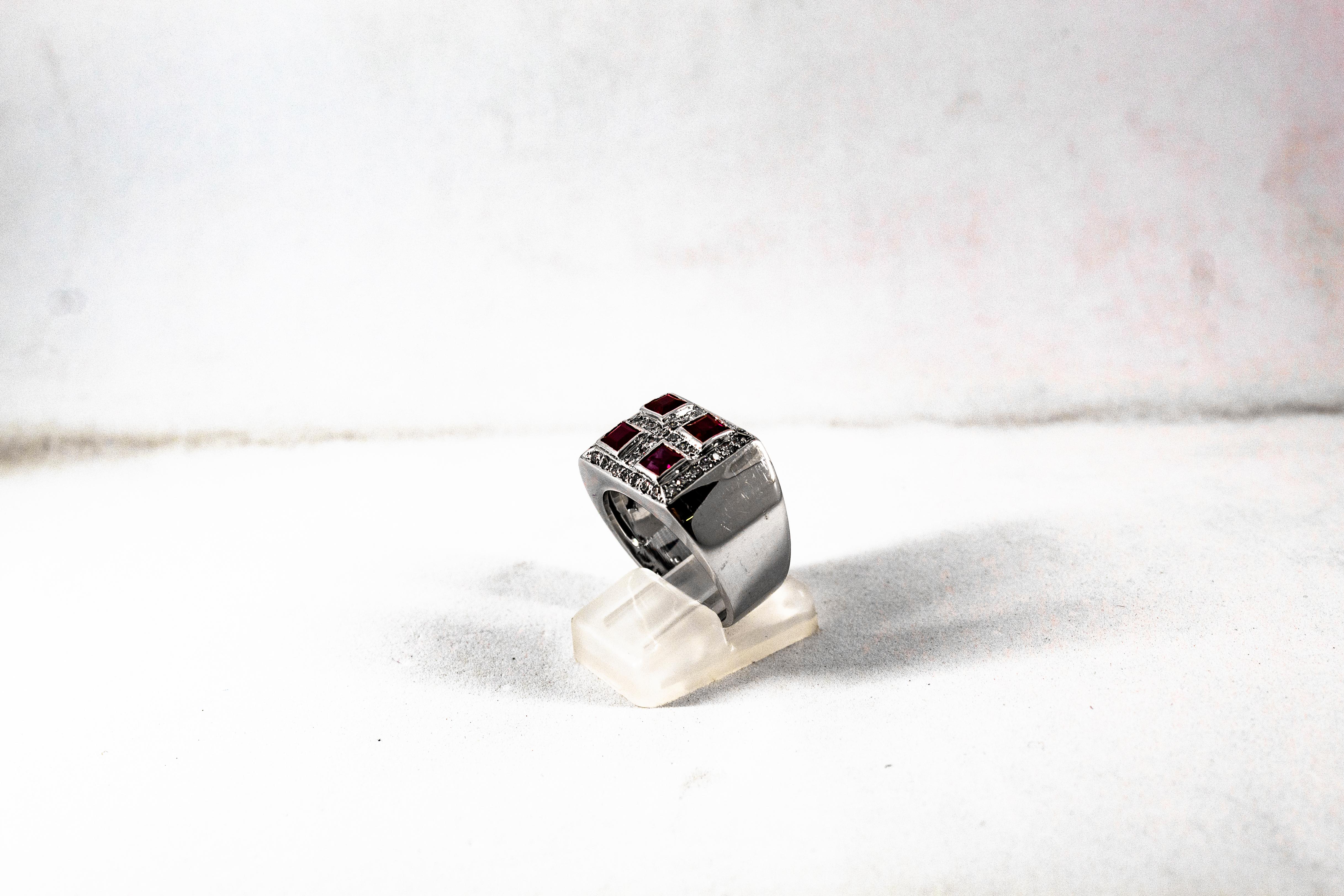 Art Deco Style 1.26 Carat White Diamond Carré Cut Ruby White Gold Cocktail Ring In New Condition For Sale In Naples, IT