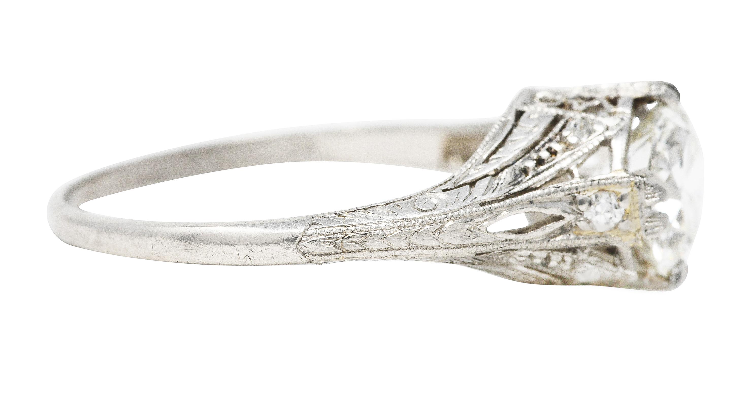 Old European Cut Art Deco 1.26 Carats Diamond Platinum Engraved Engagement Ring