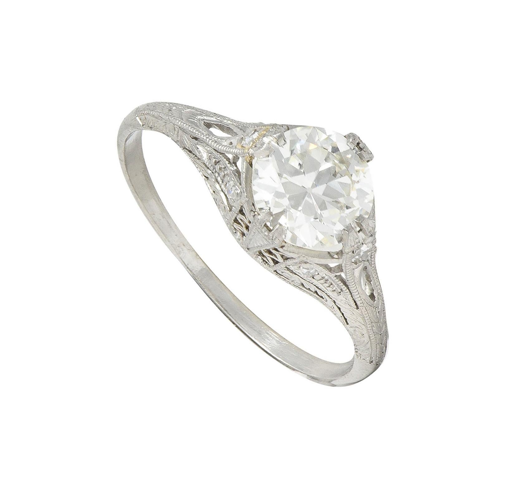 Art Deco 1.26 CTW Old European Cut Diamond Platinum Vintage Engagement Ring In Excellent Condition For Sale In Philadelphia, PA