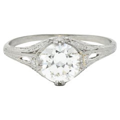 Bague de fiançailles vintage Art déco en platine avec diamant taille vieille Europe de 1.26 carat