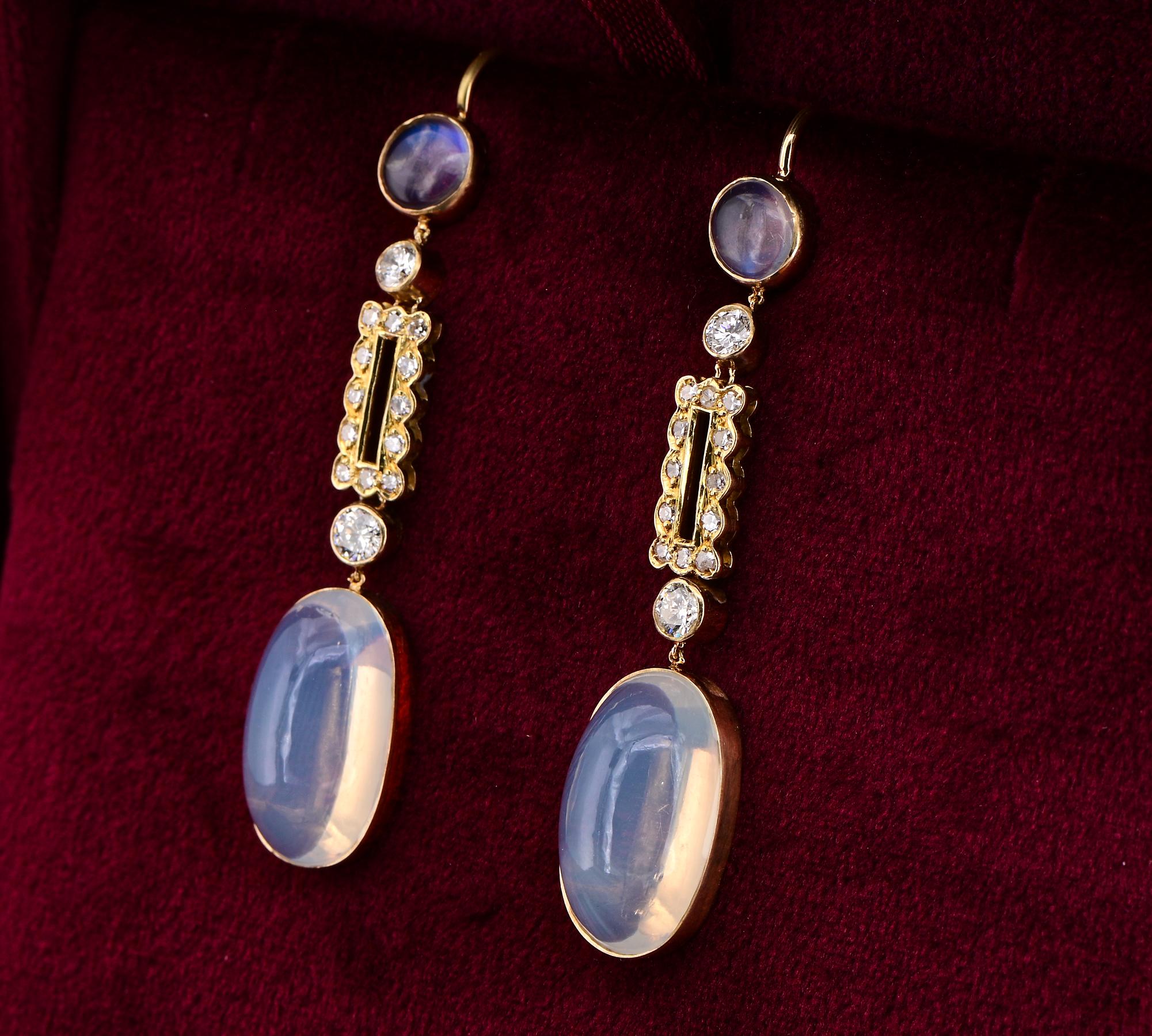Art Deco 12.60 Ct. Moonstone Diamond Long Drop earrings For Sale 5