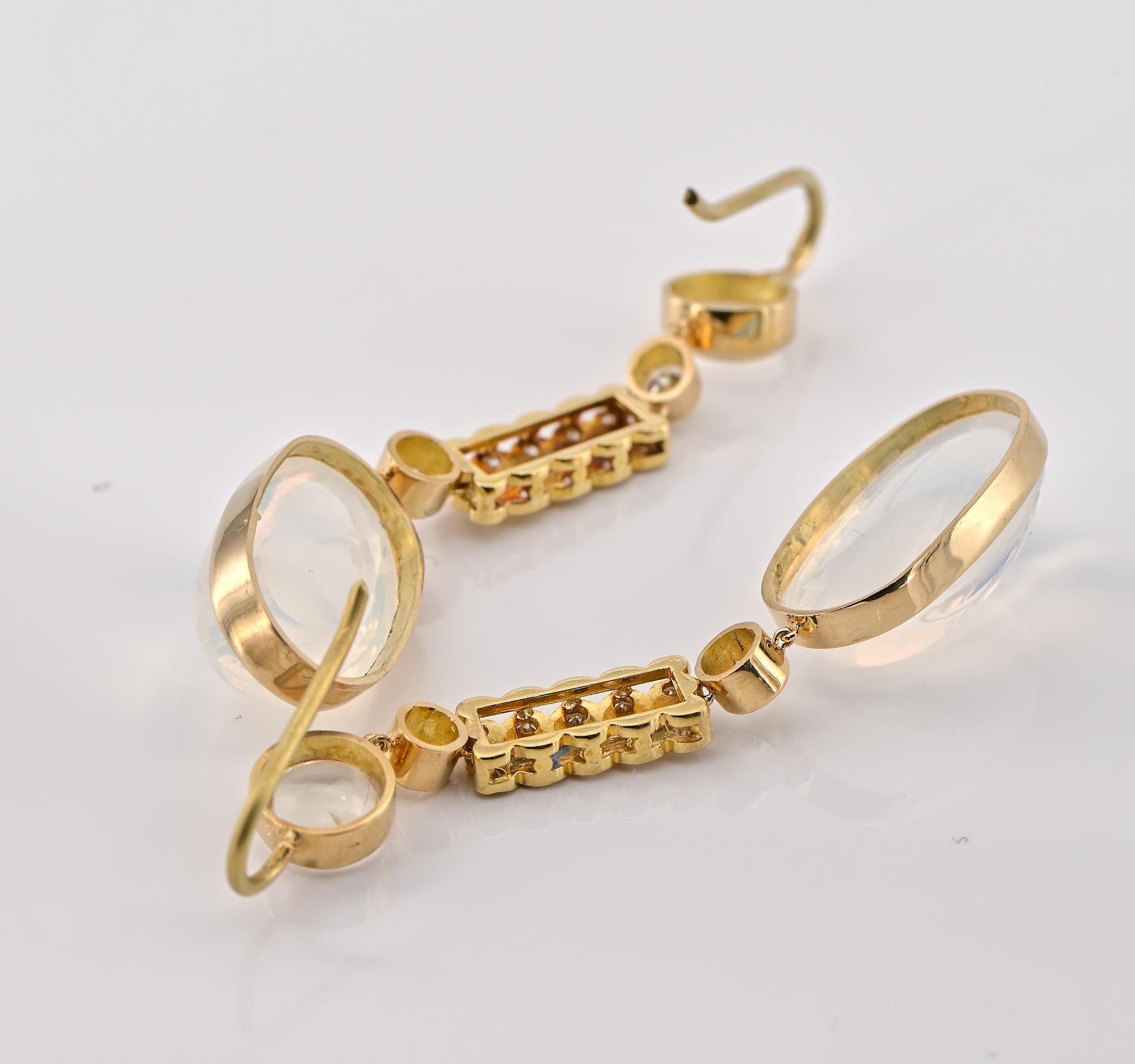 Art Deco 12.60 Ct. Moonstone Diamond Long Drop earrings For Sale 6