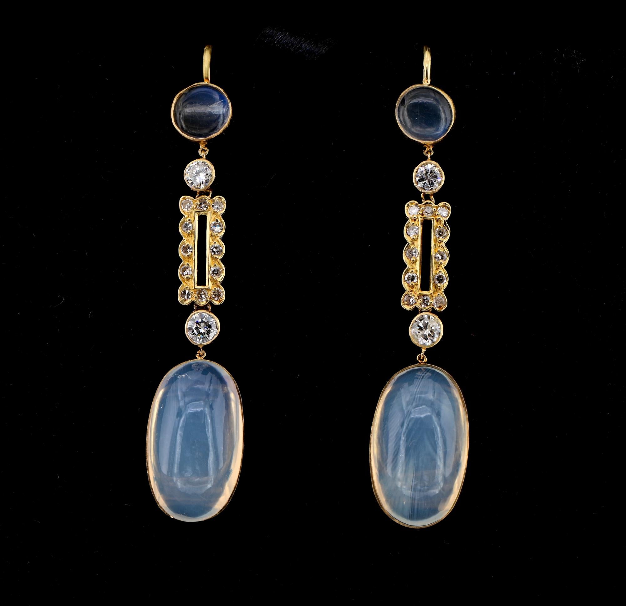 Magic Moon Magnetism
This outstanding pair of Art Deco period drop earrings are 1925 ca
Skillfully hand created of solid 18 KT gold in a tasteful and impressive elongated design to surpass time ahead with special expression of simple yet pure