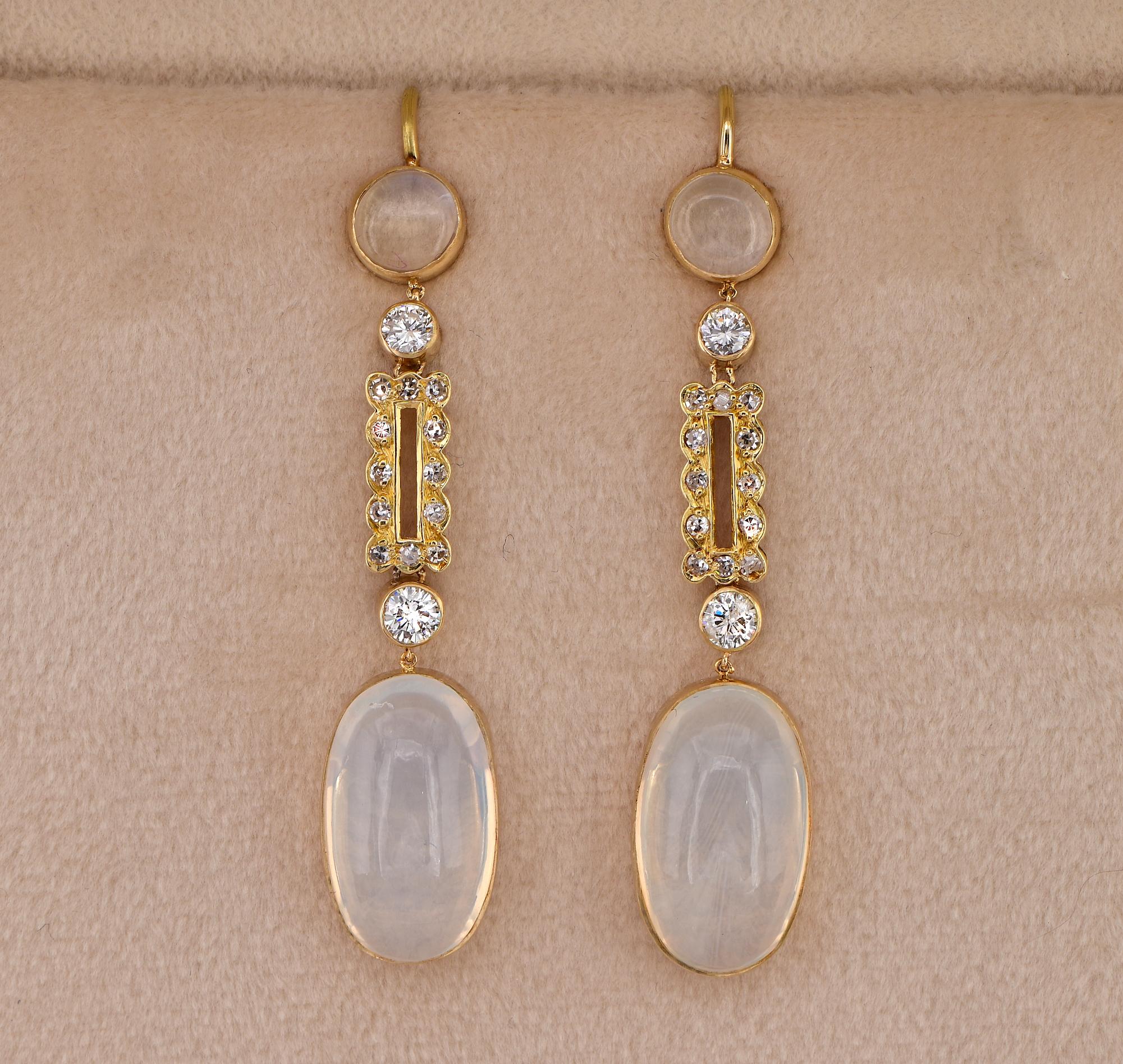 Cabochon Art Deco 12.60 Ct. Moonstone Diamond Long Drop earrings For Sale