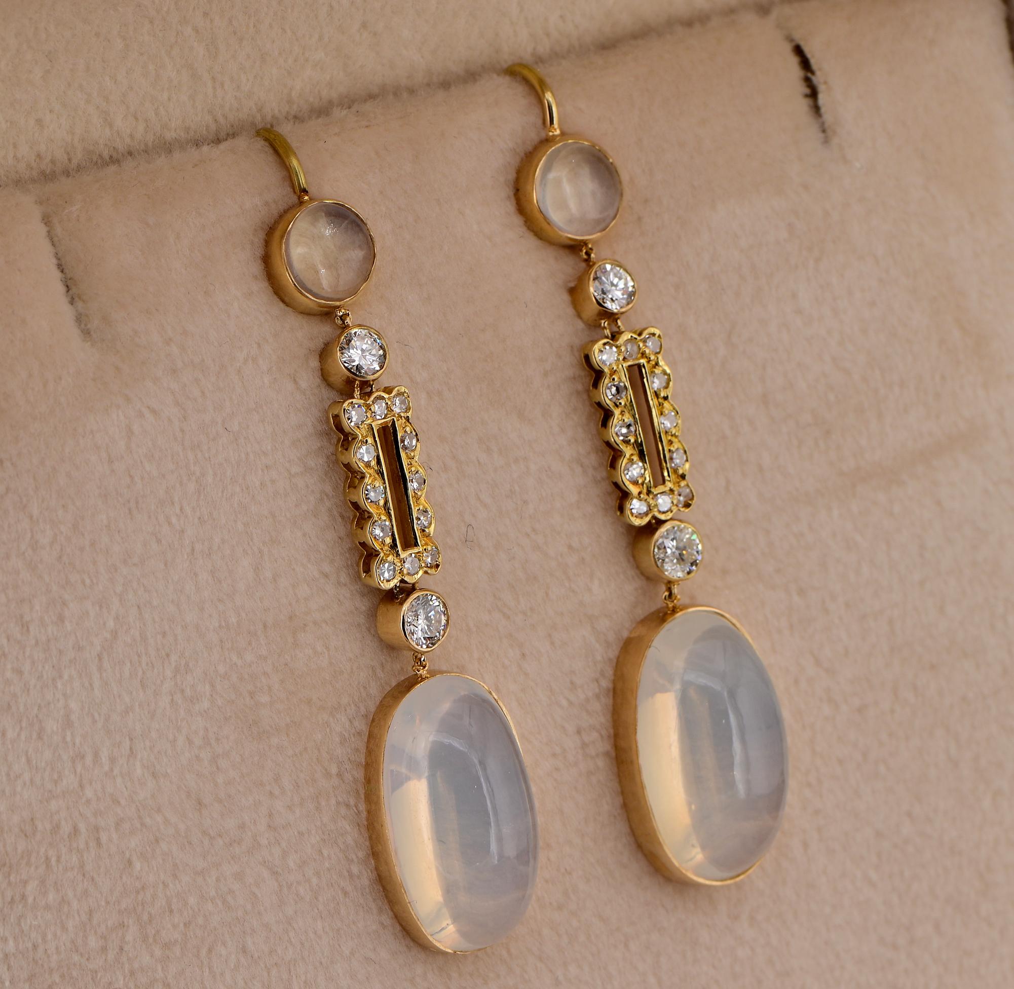Art Deco 12.60 Ct. Moonstone Diamond Long Drop earrings For Sale 1