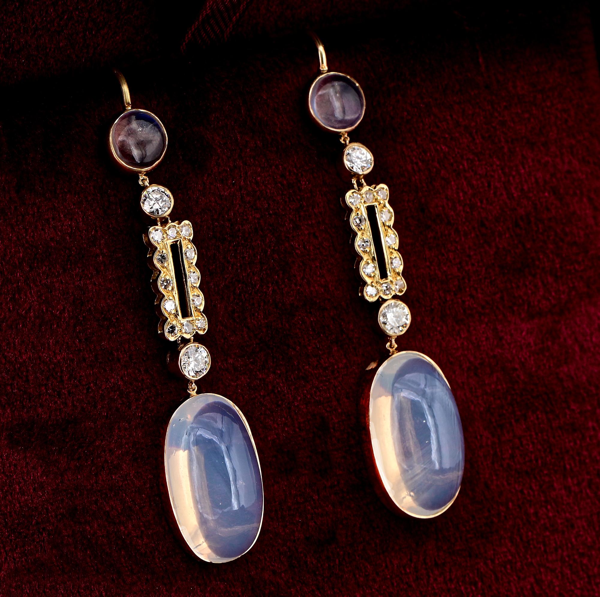 Art Deco 12.60 Ct. Moonstone Diamond Long Drop earrings For Sale 2