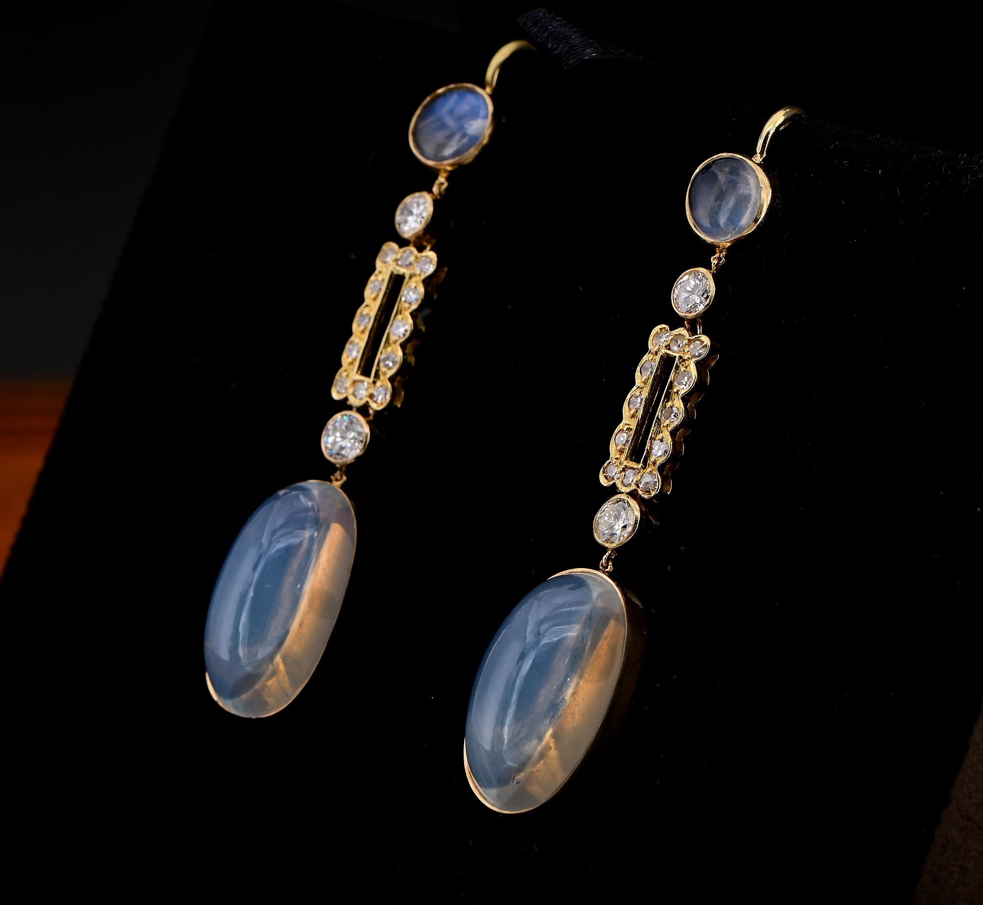 Art Deco 12.60 Ct. Moonstone Diamond Long Drop earrings For Sale 3