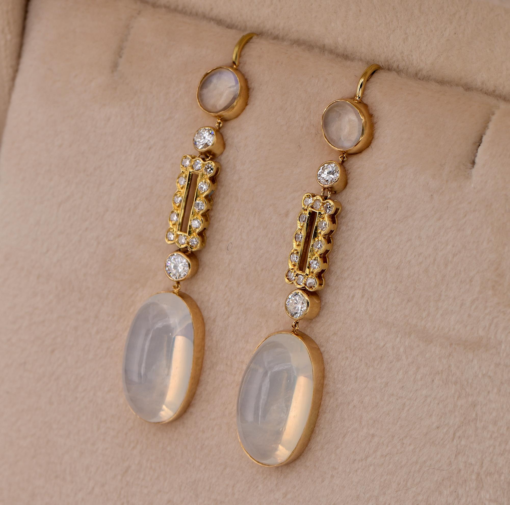 Art Deco 12.60 Ct. Moonstone Diamond Long Drop earrings For Sale 4